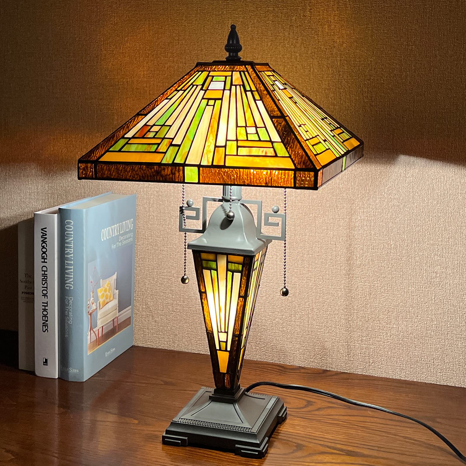 Capulina Tiffany Lamp - Amber Brown Stained Glass Table Lamp, 3-Light, 12x12x23 Inches, Mother-Daughter Vase for Home Office Decor