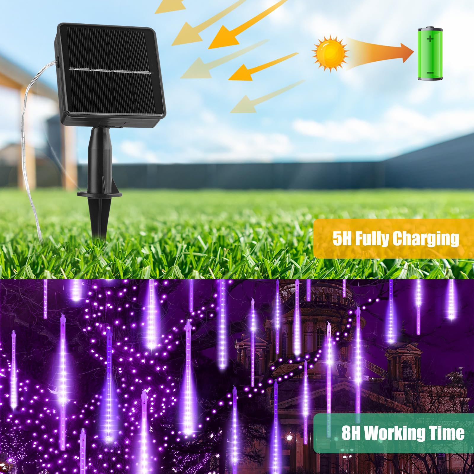 Purple Solar Christmas Lights, 16 Inches 8 Tube 288 Led Solar Meteor Shower Lights With 16 Tubes, Icicle Fairy String Lights For