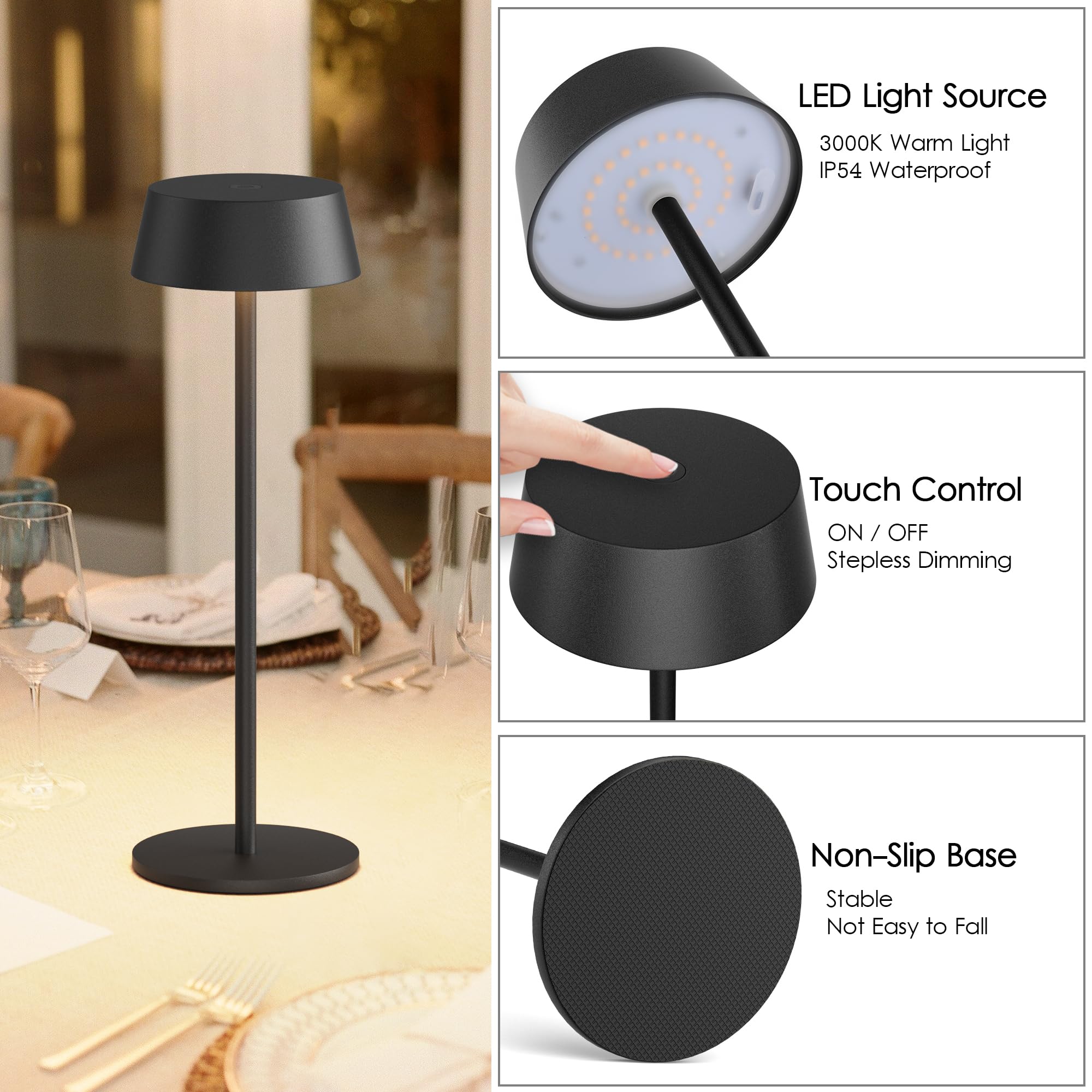 Aipsun Table Lamps Set Of 2, Black Battery Operated Table Lamp Cordless Outdoor Touch Led Table Lamp For Restaurant/Living Room/