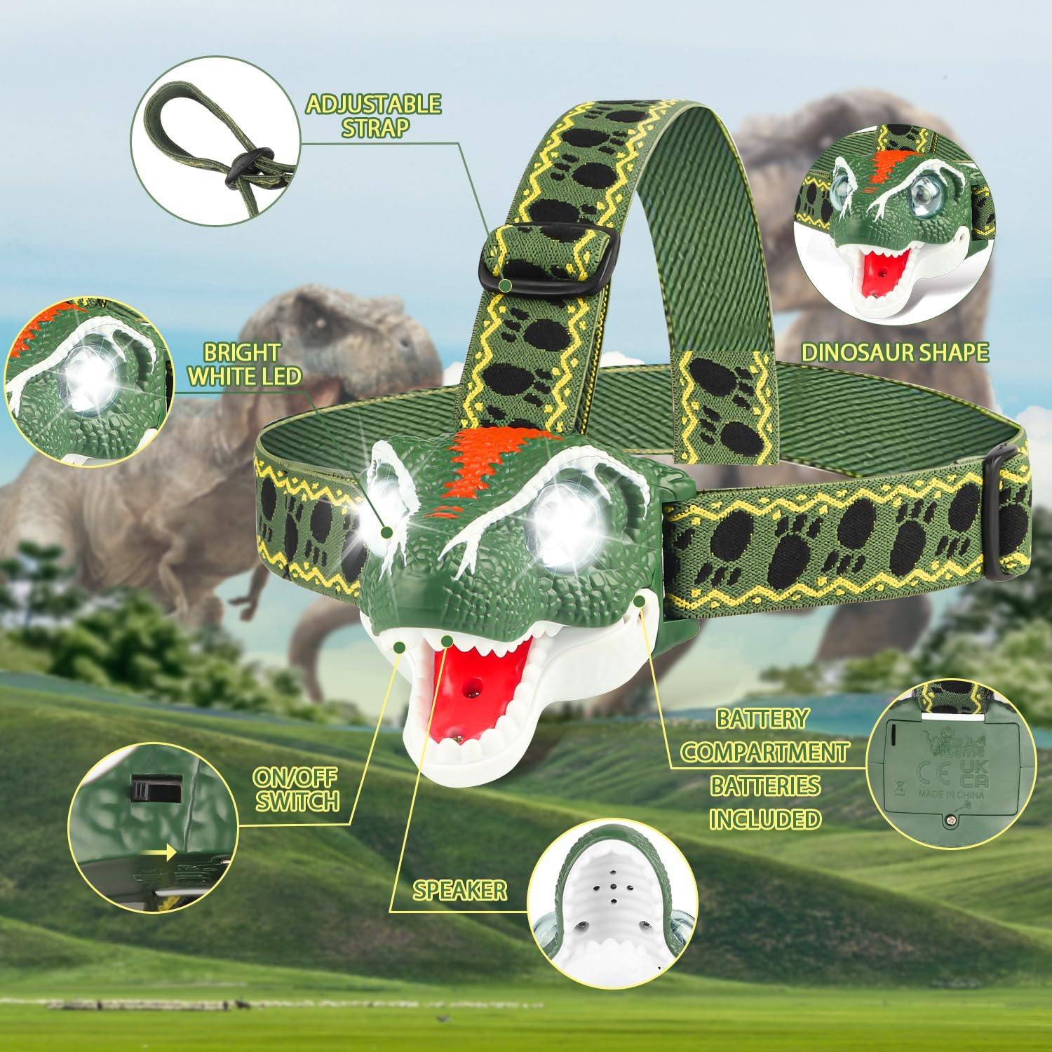 Tigtecgame Dinosaur Headlamp For Kids Flashlight T-Rex Led Headlamps Dinosaur Toys Camping Gear, Gift For Toddlers Boys Girls Ad