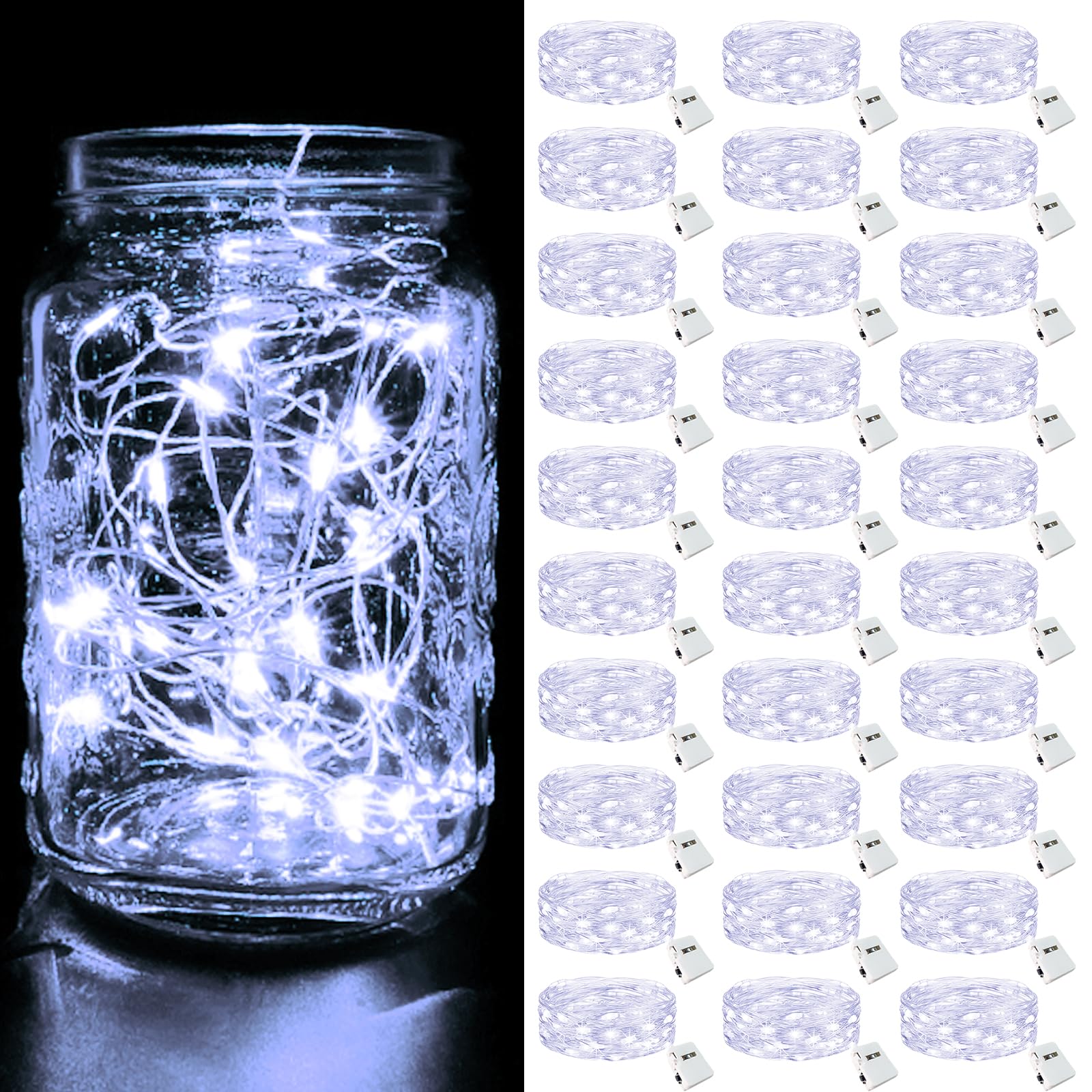 Btfarm 30 Pack Led Fairy Lights Battery Operated [3 Modes] Twinkle Lights, 7Ft 20 Led Mini String Lights Mason Jars Silver Wire Small Christmas Wedding Party, Cold White