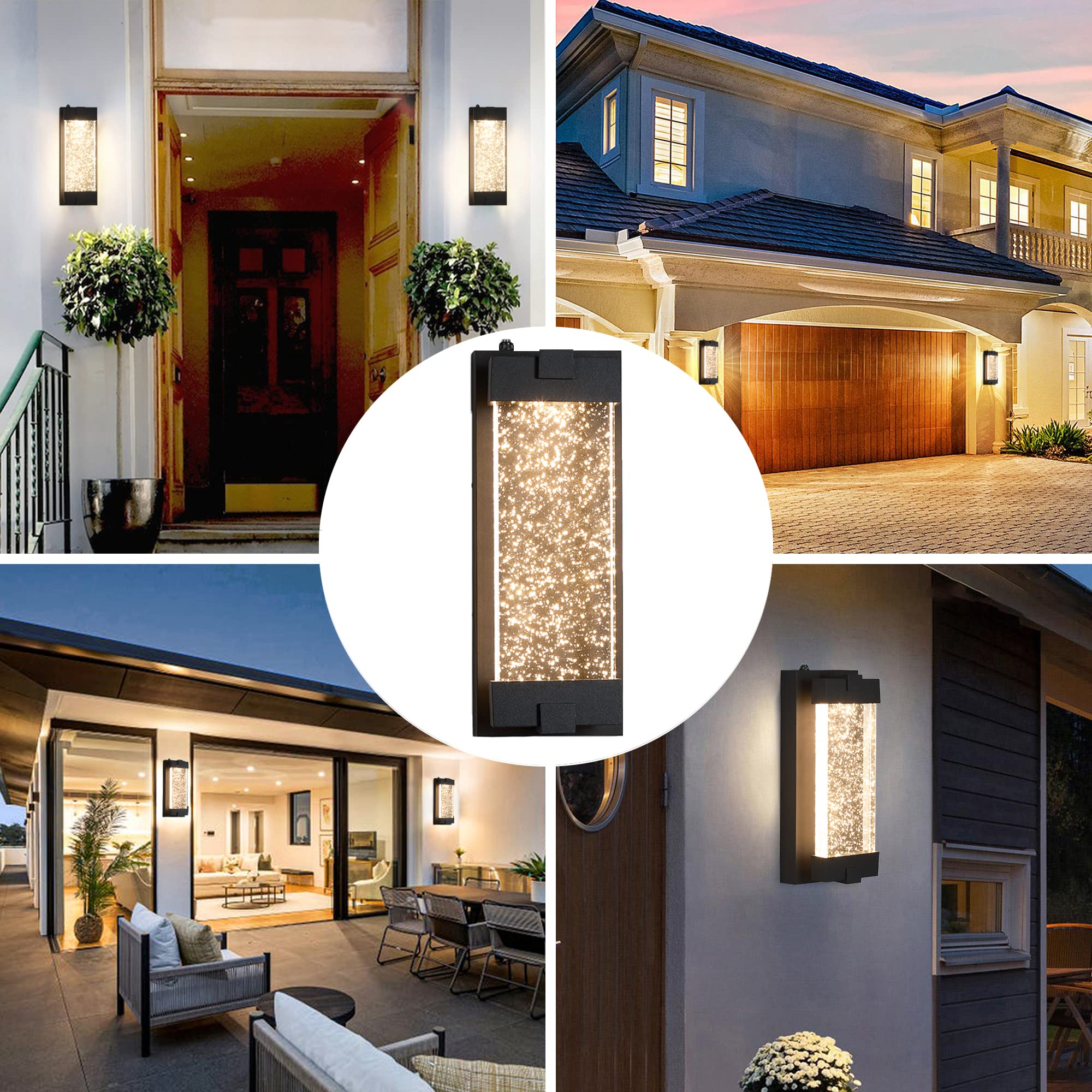 Elimegan Black Wall Sconce - Modern Exterior LED Lantern with K9 Crystal Bubble & Dusk to Dawn Sensor, Model 3ff44680