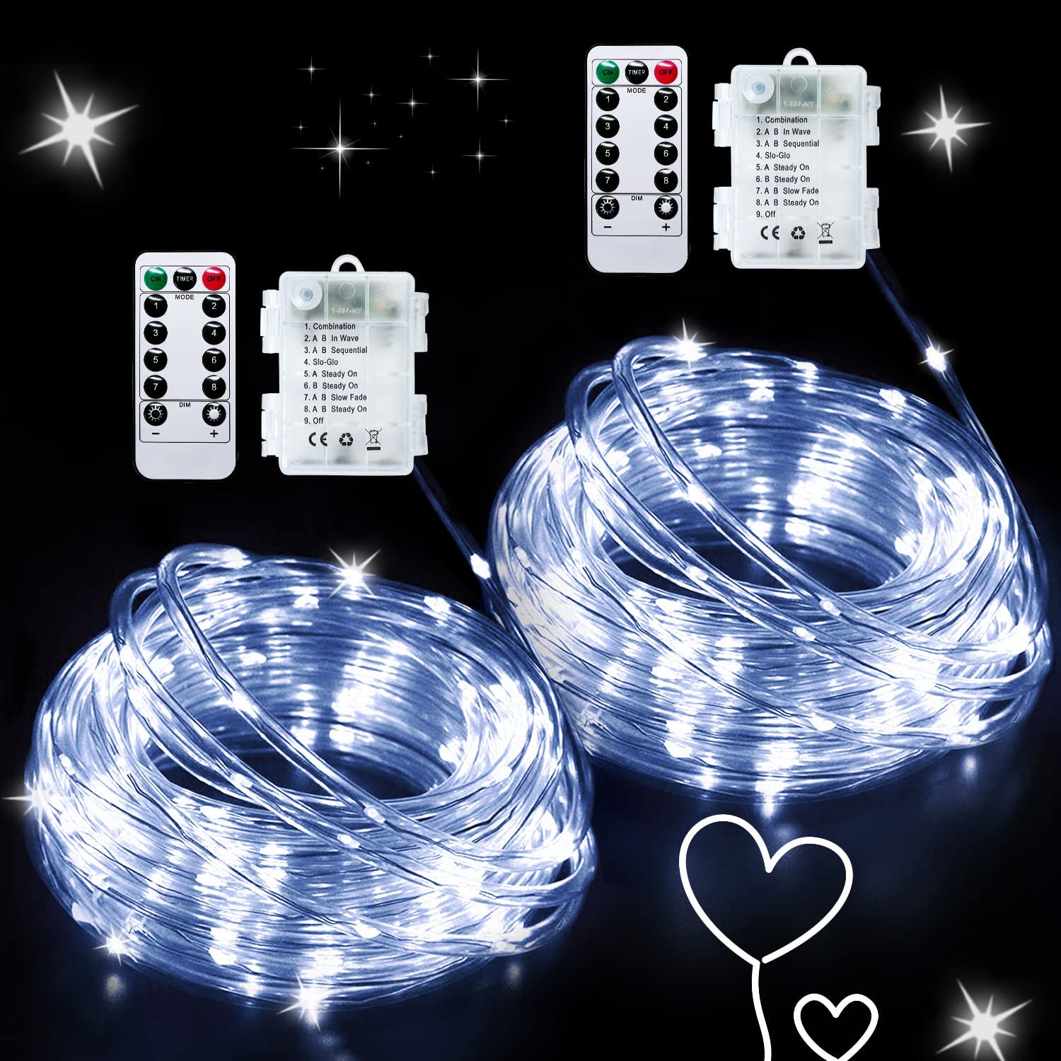JMEXSUSS Battery Rope Lights, 33ft, 100 LEDs, Waterproof, 2 Pack, Remote Control, 8 Modes, White, Model Rope100B