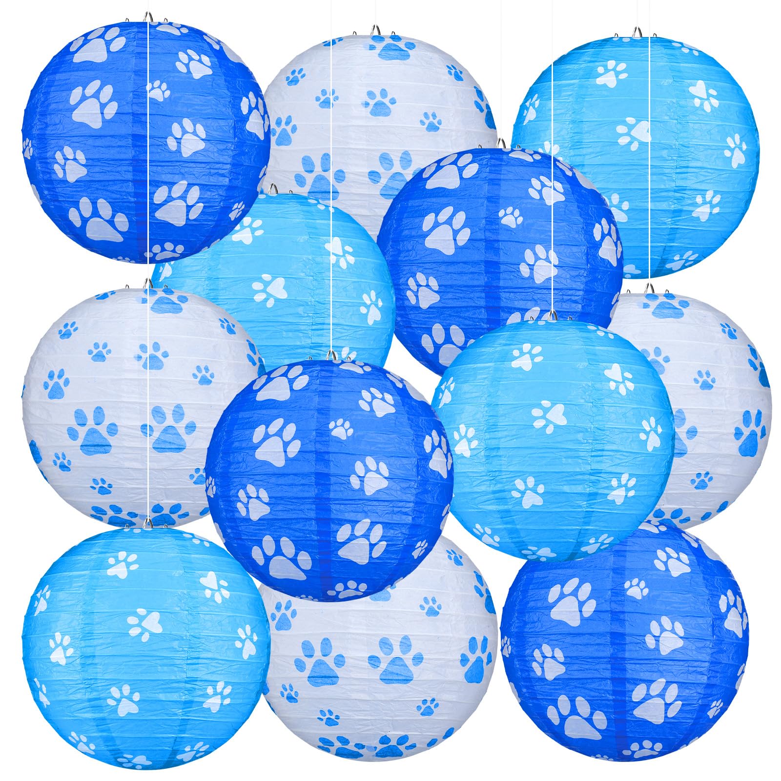 Panelee 12 Pcs Dog Paw Print Paper Lanterns Puppy Themed Party Decorations Blue And White Pet Paw Print Round Hanging Lanterns 8