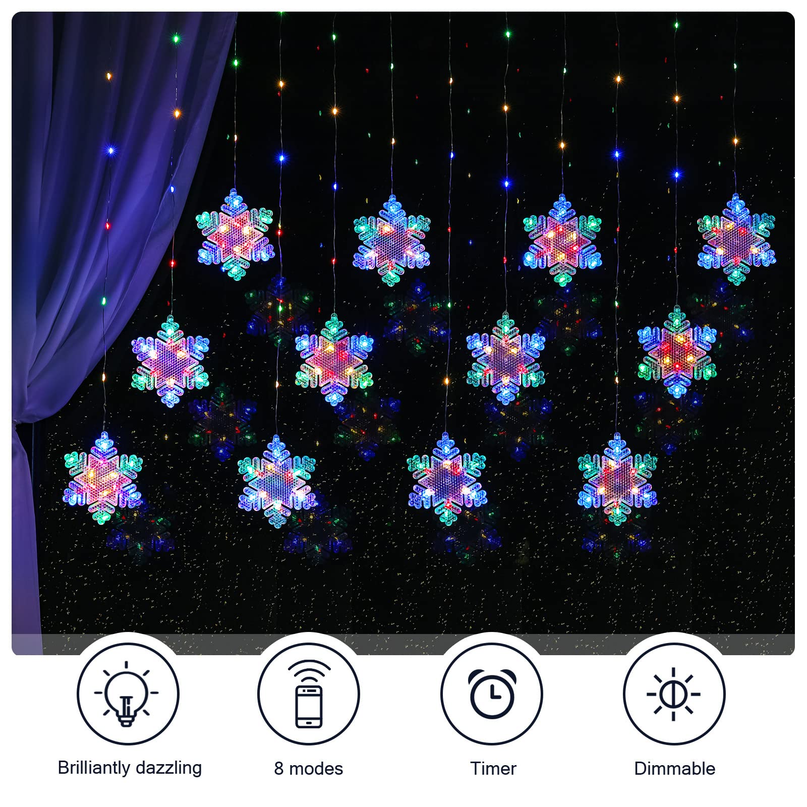 Bloomwin Christmas Fairy Curtain Lights 9.8Ft Snowflake Lights Usb Christmas Indoor Decorations 204Leds Twinkle Lights With Remote For Bedroom Xmas - Colorful