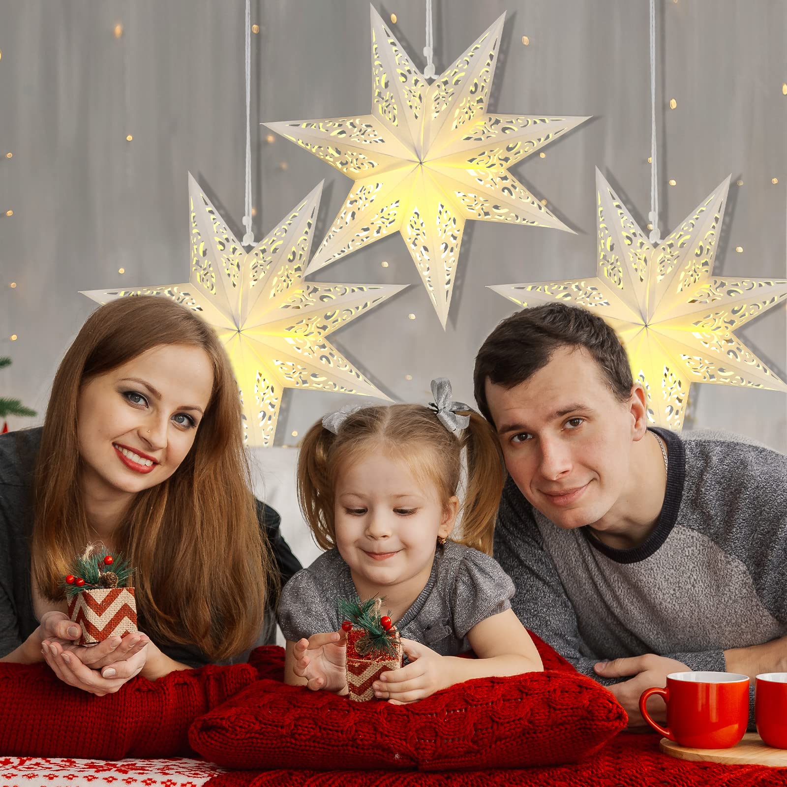 Kingdder Star Paper Lanterns with LED Light, 17.72 Inch, White Moroccan Design for Weddings, Christmas, and Birthday Decorations