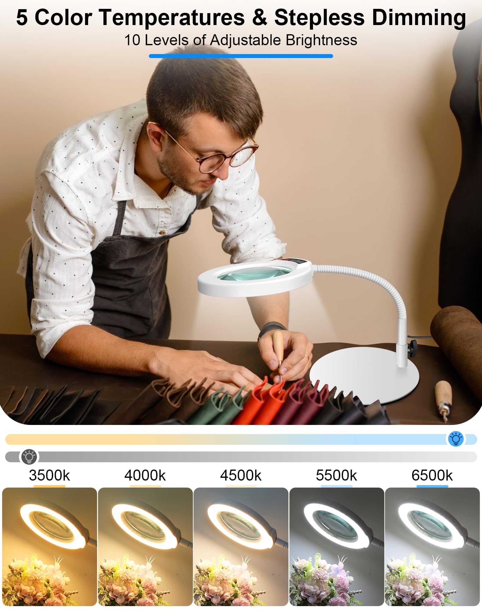 Magnifying Glass With Light And Stand, Hands Free Magnifying Lamp, 5 Color Modes 10 Dimmable Brightness, Metal Base Desk Magnifi