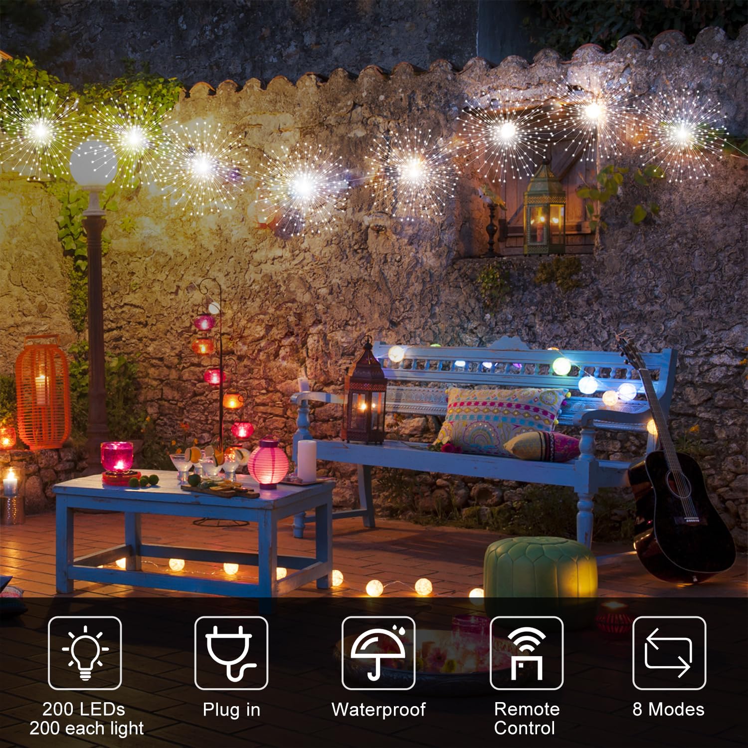 DoonDar 1000 LED Firework Lights, Waterproof Twinkle Light, 8 Modes, Indoor/Outdoor Decor, Cool White, Model YMD-TSYHDCW002