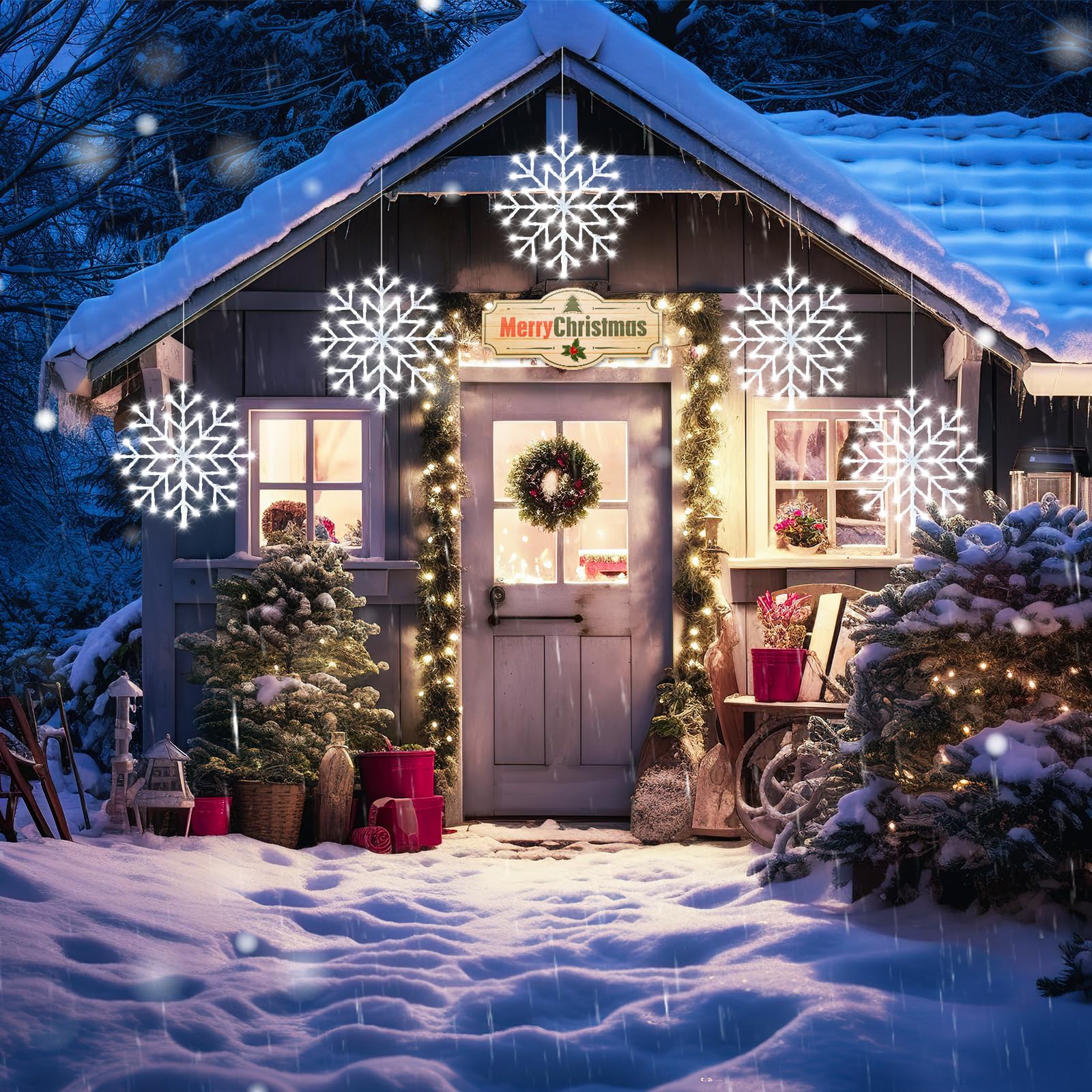 Brightown Christmas Snowflake Icicle Lights - 240LED, 10.5ft, 5 Drops, White, Model JT-EL-FC300V0200-C, 8 Modes for