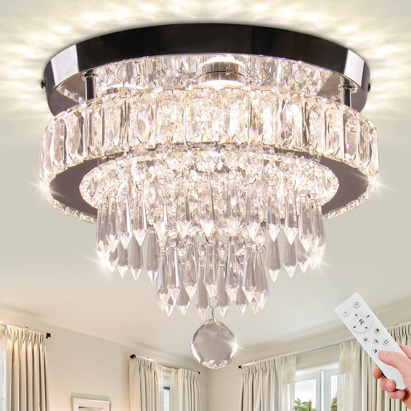 Leontyne 11.8 Inch Dimmable Crystal Chandeliers Modern Led Crystal Ceiling Light Flush Mount Chandelier Lighting For Bedroom Din