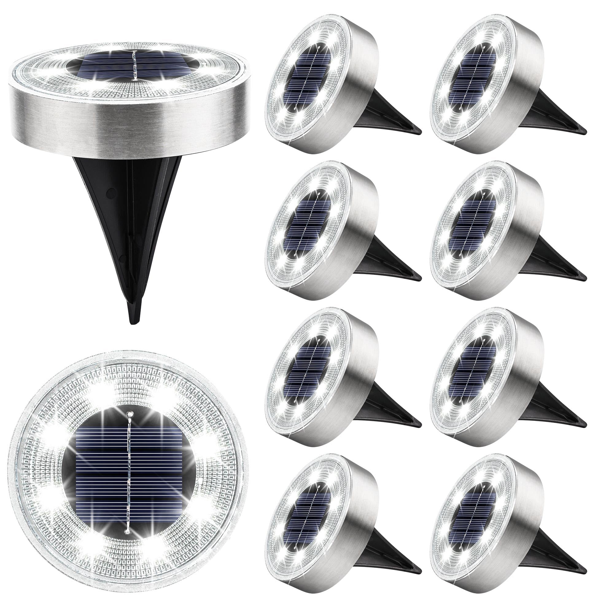 Joomer Solar Ground Lights, 10 Pack 8 LED Solar Lights Outdoor IP68 Waterproof Solar Disc Lights In-Ground Landscape Lighting Ou