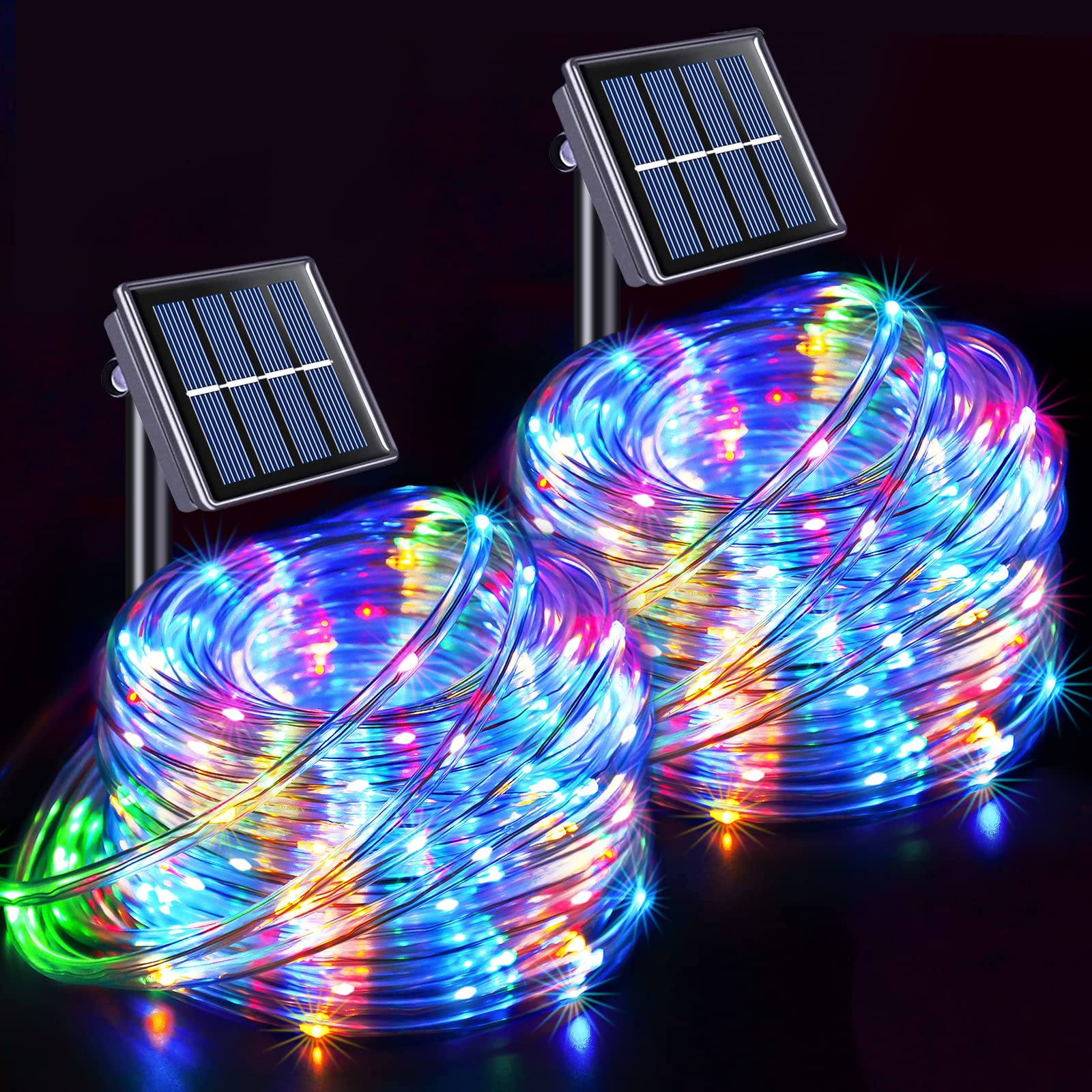 Jmexsuss 2 Pack 100 Led Solar Rope Lights, Ip 65 Solar Rope Lights Outdoor Waterproof Led, 33Ft 8 Modes Pvc Tube Solar Christmas Fairy Lights For Xmas Trampoline Fence Walkway Path Garden (Multicolor)