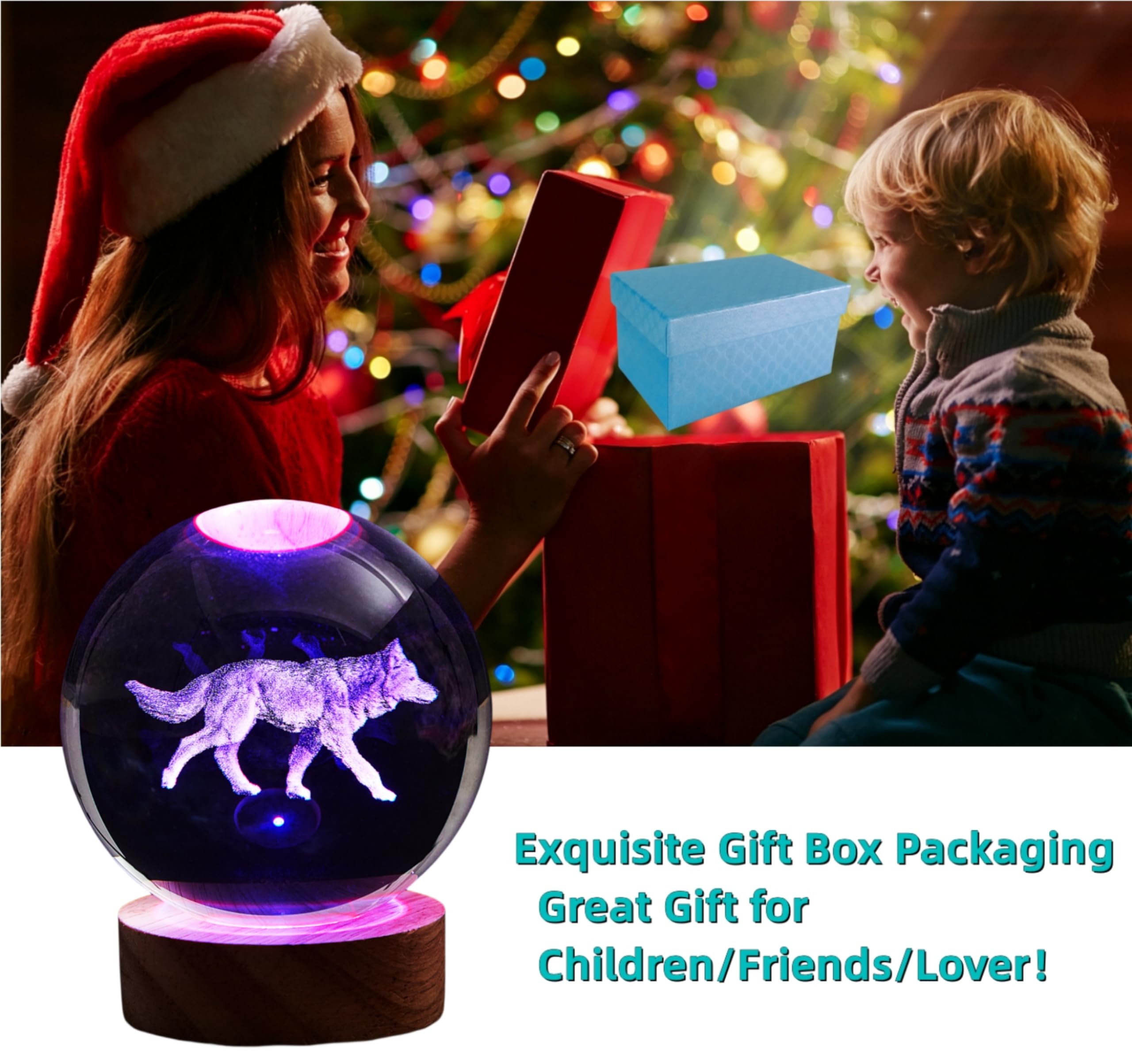 DIGFPWT 3D Crystal Ball Night Light, 3.15 Inch LED Lamp with Remote, 16 Colors, Wooden Base, Wolf Design, Gift Box Included