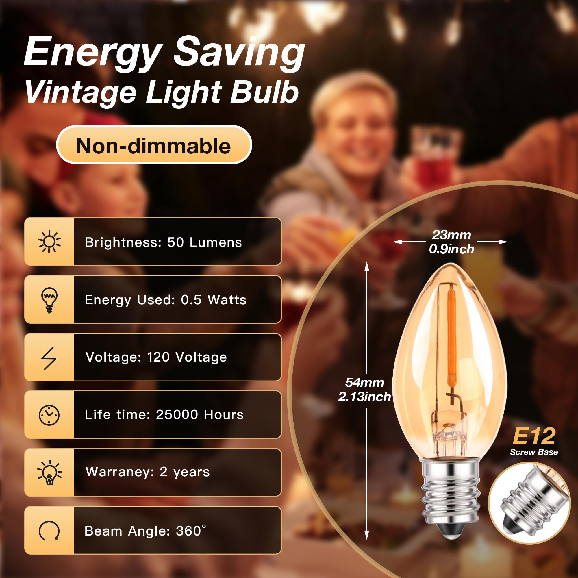 C7 Led Night Light Bulbs 0.5W, E12 Candelabra Base Candle Light Bulb Warm 2200K Equivalent 5W/7W Incandescent Bulb, Mini Light B