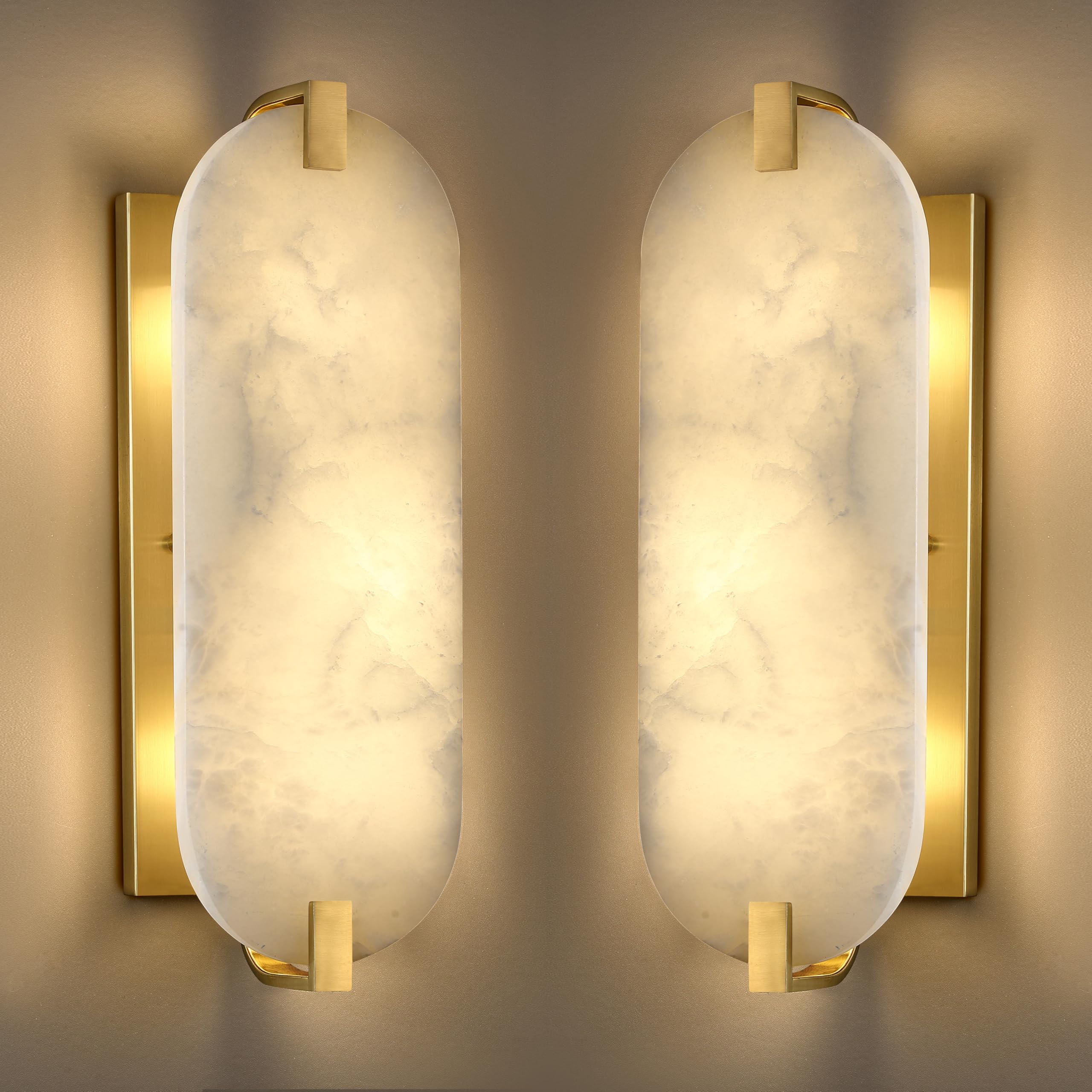 Cjy Chenjinyan 2 Pack 2 Light Oval Alabaster Marble Bathroom Wall Sconce Modern Concise Style Wall Light Fixture,Brushed Bronze