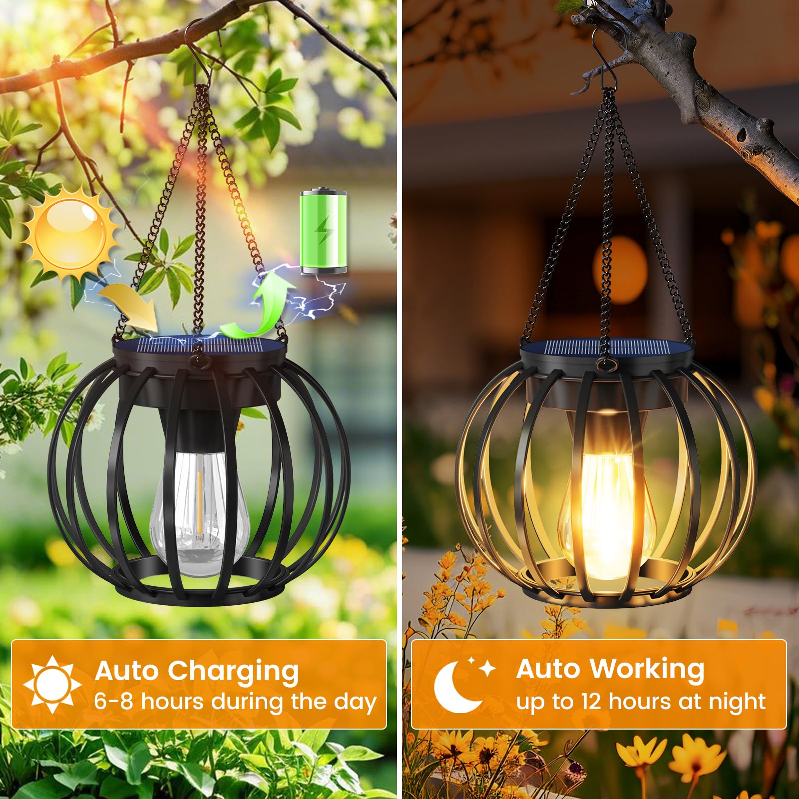 Aounq Solar Lanterns Outdoor Waterproof 4 Pack  Upgraded Metal Hanging Solar Lights For Outside With Auto On/Off & Hook - Brighter Hanging Outdoor Lanterns Decorative Lighting For Garden Patio Yard