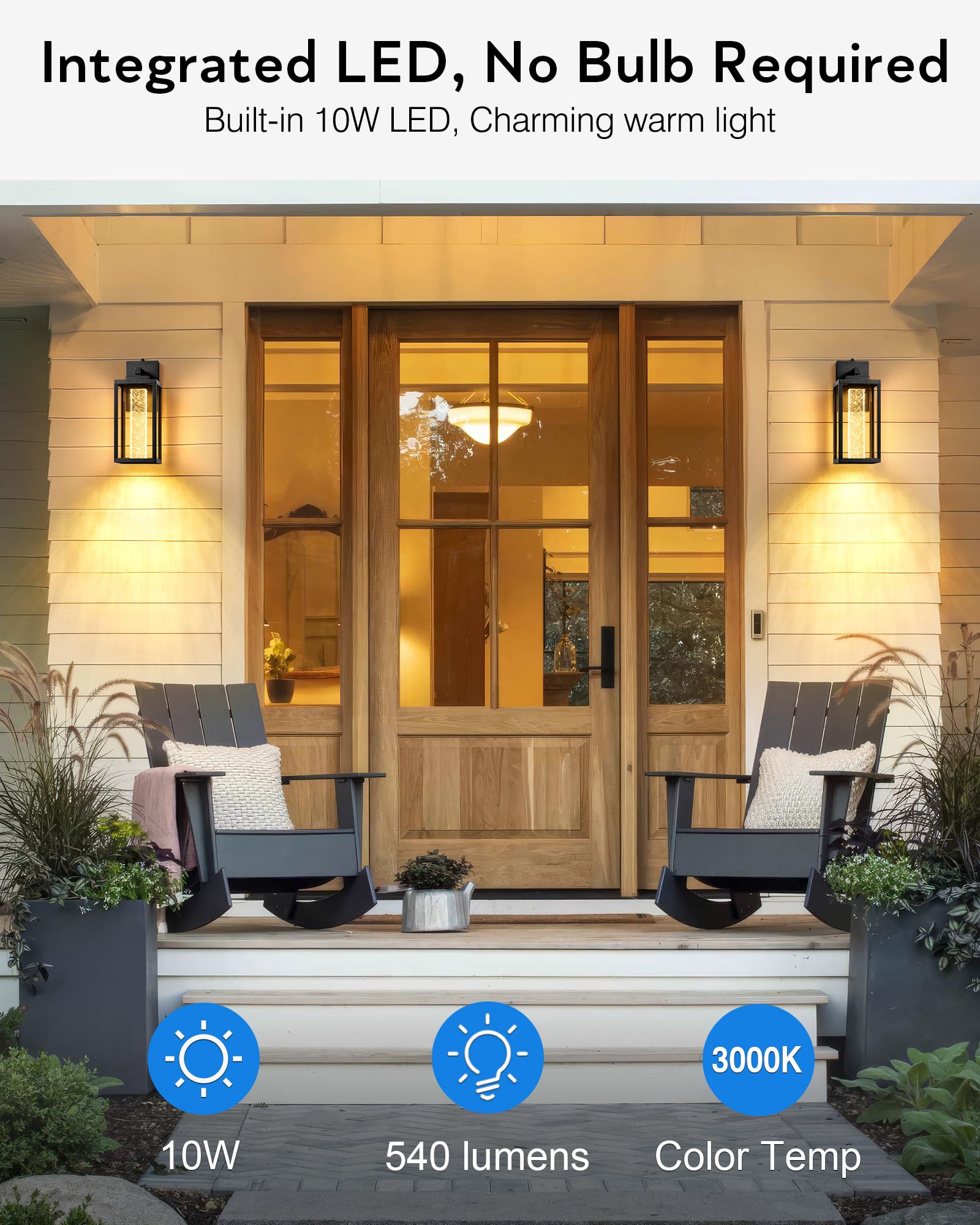 VIANIS Large Wall Mount Exterior Lighting Fixtures, Black, 10W LED, Crystal Bubble Glass, 2-Pack, Model V8115M