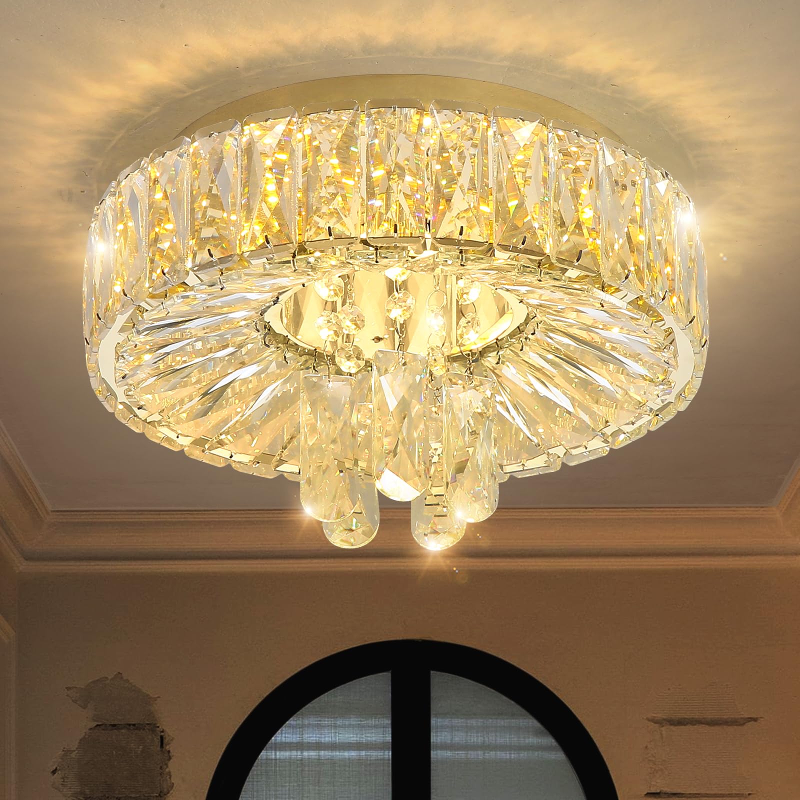 dolria Modern Crystal Chandelier 53.7" LED Dimmable Flush Mount Gold, Metal, Model PC1019-140G for Living Room, Foyer, Bedroom
