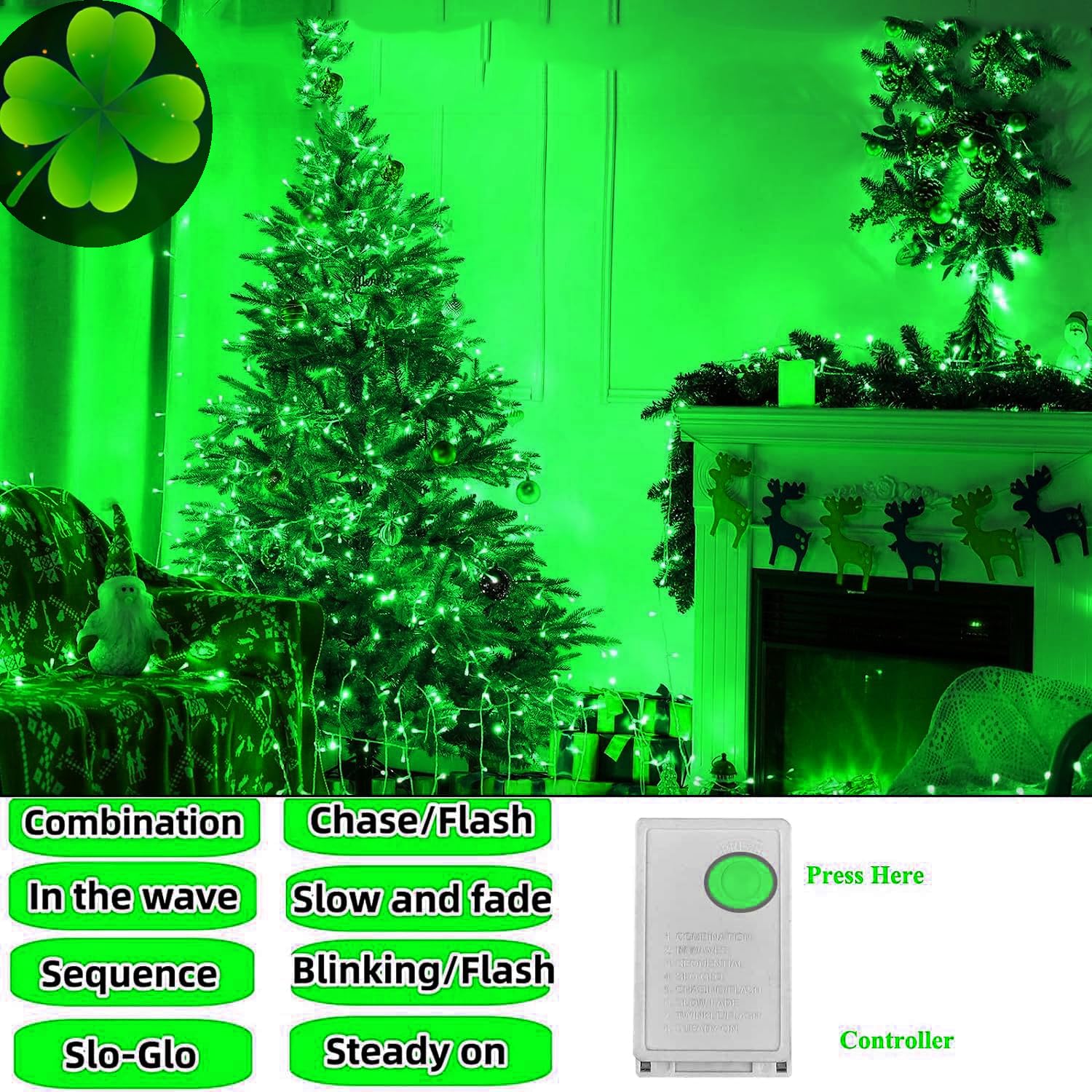 Fullbell St. Patrick'S Day Decorations Green Christmas Lights, 66Ft 200 Led Clear Wire For Christmas Tree Home Garden Indoor Out