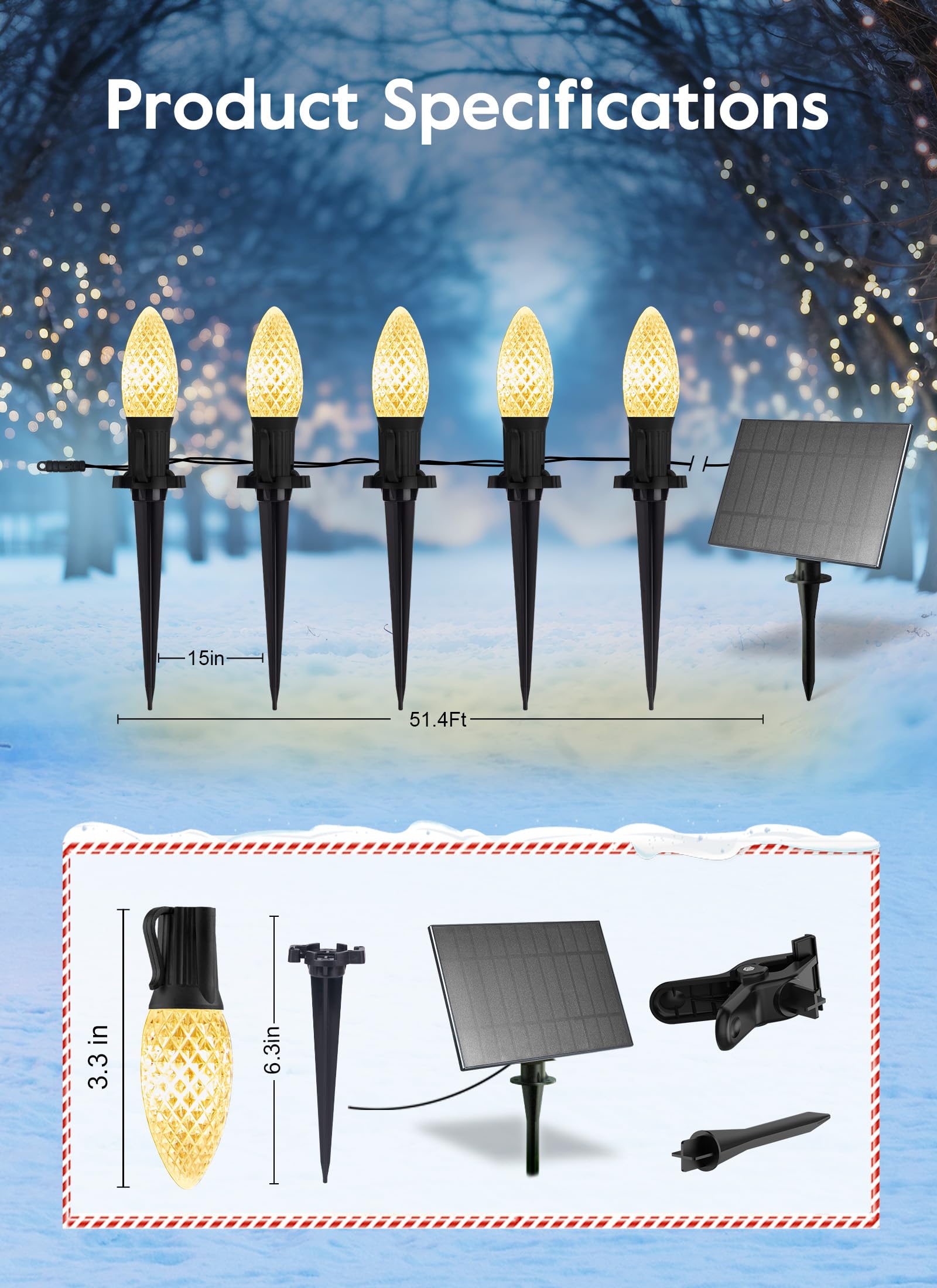 Brightown Solar C9 Led Christmas Lights Outdoor House, 50Ft 40 Faceted Bulbs Christmas Pathway Lights, Waterproof Strawberry Lig