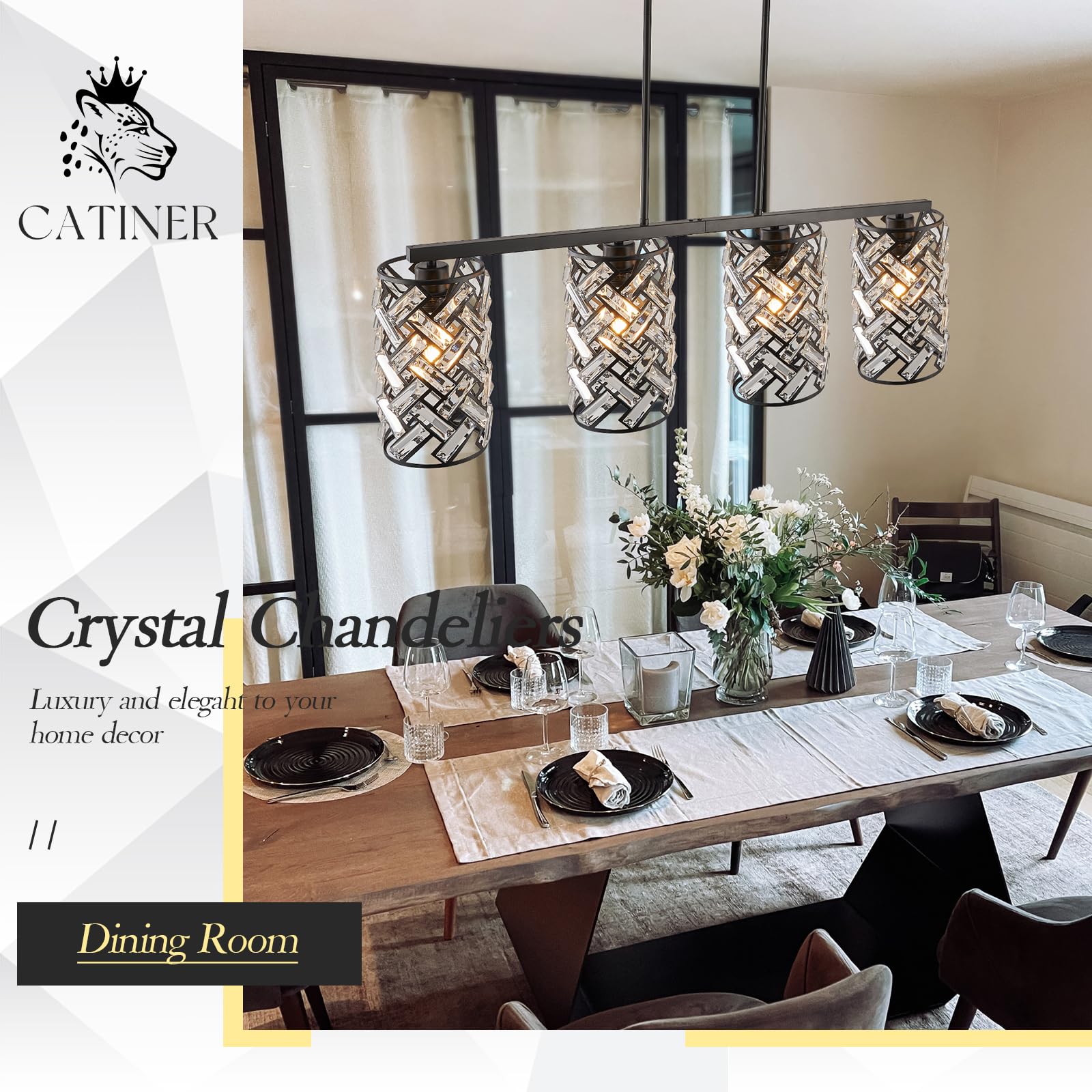 Catiner 40'' Crystal Kitchen Island Lighting 4 Lights Modern Black Linear Chandelier Dining Room Light Fixture Over Table Luxury