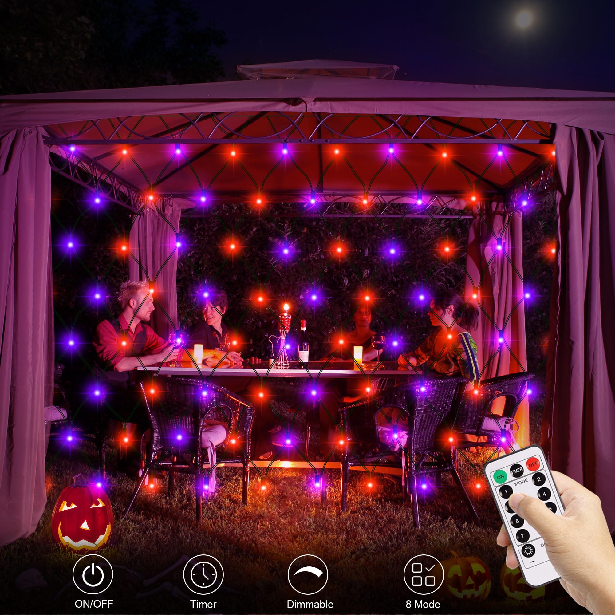 echosari Halloween Net Lights, 100 LED, Battery Operated, 5ft ×5ft, Purple Orange, Model 3AA-100NetL, Remote Timer, Dimmable