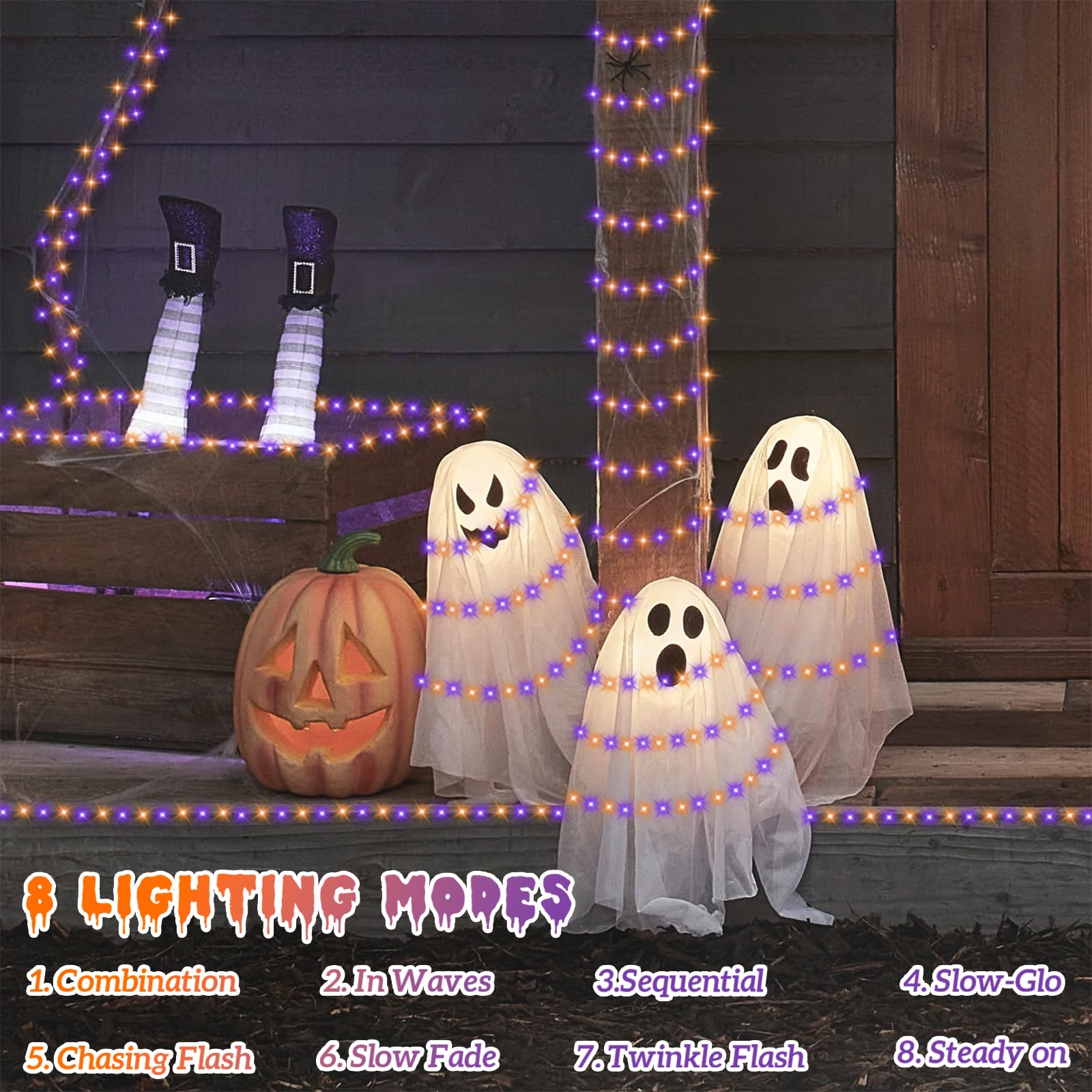Qitong 4 Pack Orange And Purple Solar Fairy Lights, Each 33Ft 100 Led Halloween Lights Outdoor Waterproof, 8 Modes Copper Wire S