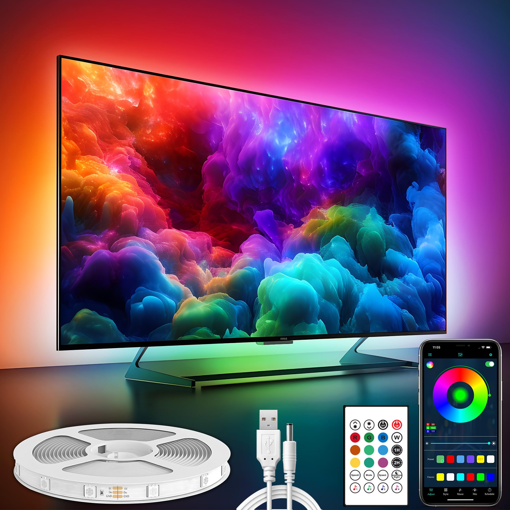 Maylit ICRGB TV LED Backlight, App Control LED Lights for 71-75in TV/Monitor, Music Sync Color Changing TV LED Strip Lights for Home Decor, USB Powered Gaming Accessories Lights for Bedroom Room Decor