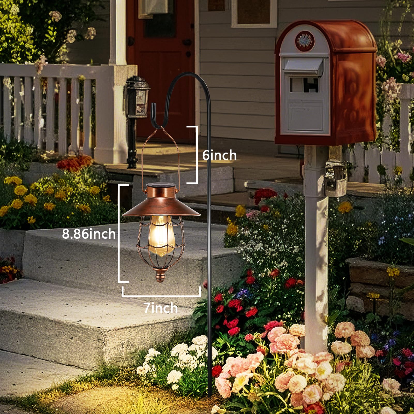 Pearlstar Solar Lantern - Outdoor Hanging Vintage Metal Light, Warm White Edison Bulb, Waterproof, Copper, Model 176