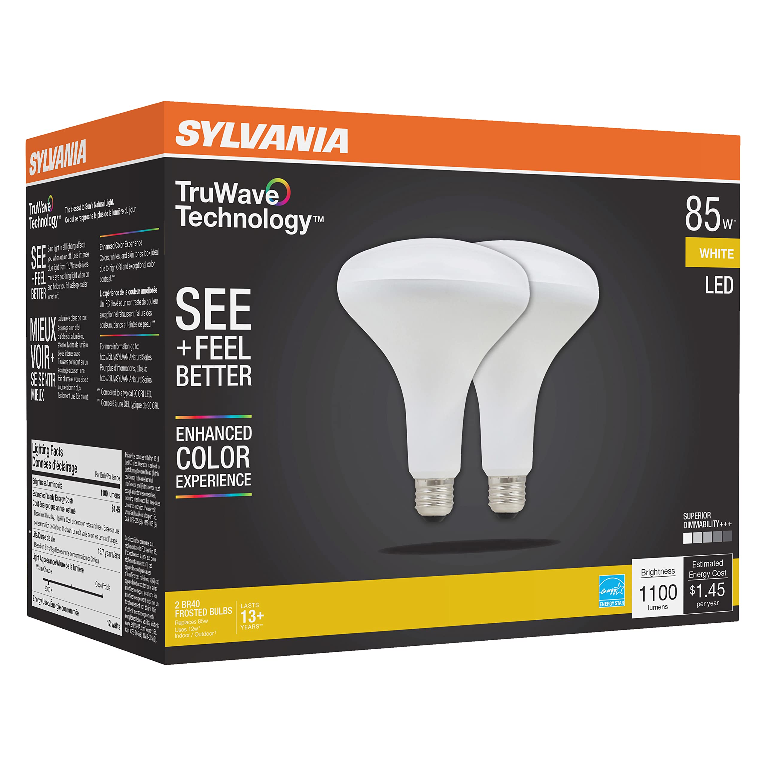 Sylvania Led Truwave Natural Series Br40 Light Bulb, 85W Equivalent Efficient 12W, 1100 Lumens, Medium Base, Dimmable, Frosted, 3000K, White - 2 Pack (40786)