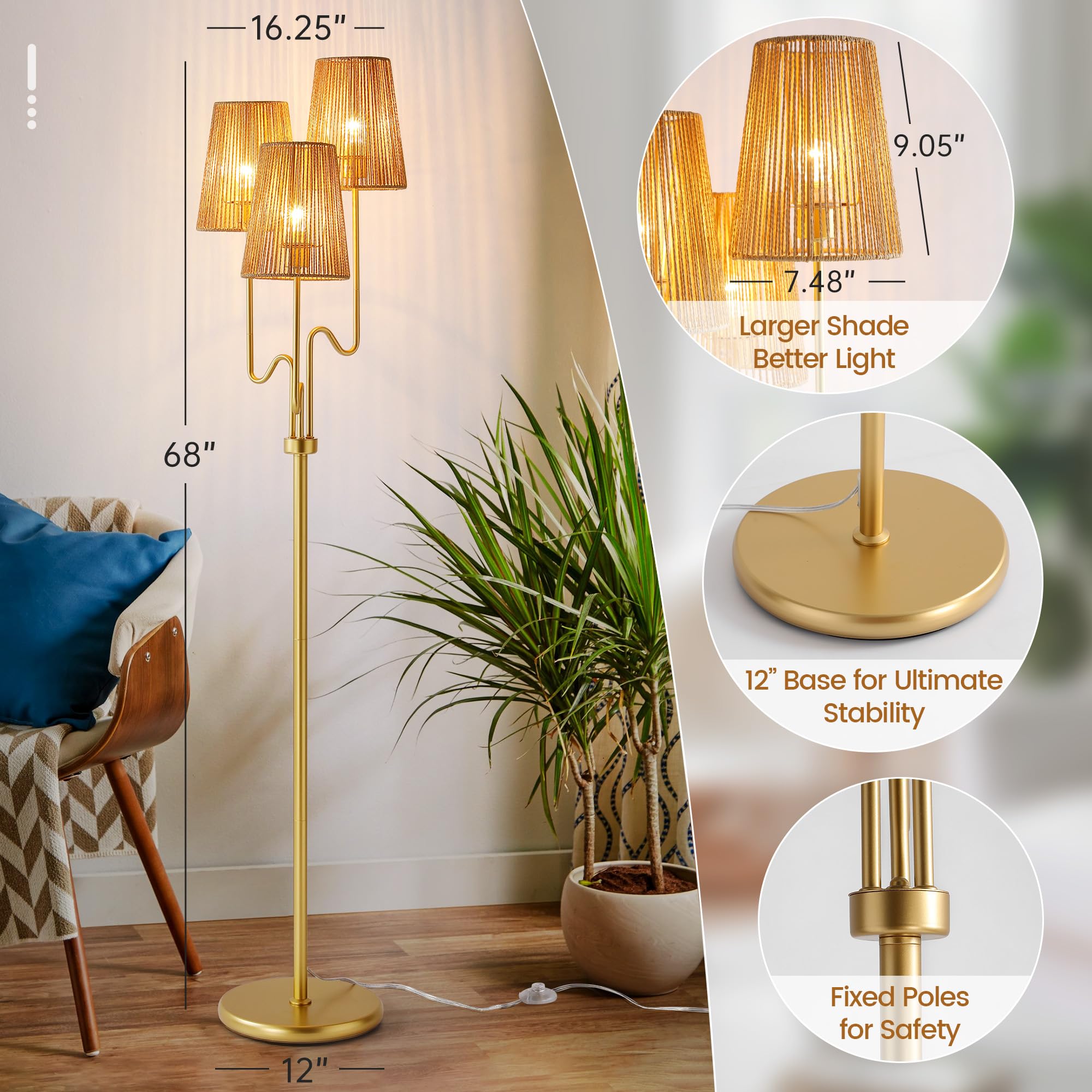 Boho Floor Lamp, 68In. Rattan Floor Lamp With Natural Woven Shade, Rustic Standing Lamp For Coastal, Beach Or Bohemian Style Decor, E26 Socket, On/Off Footswitch Lamp For Living Room, Bedroom (Gold)