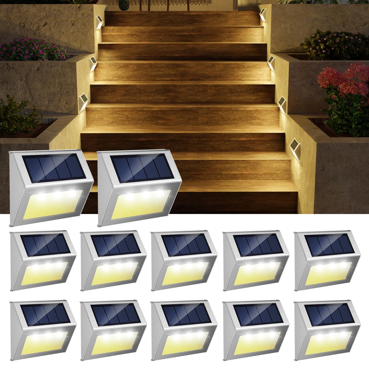 Jsot 12 Pack Solar Lights Outdoor Waterproof For Fence, Solar Deck Lights Stainless Steel Step Stairs Patio Post Wall Lamp For G