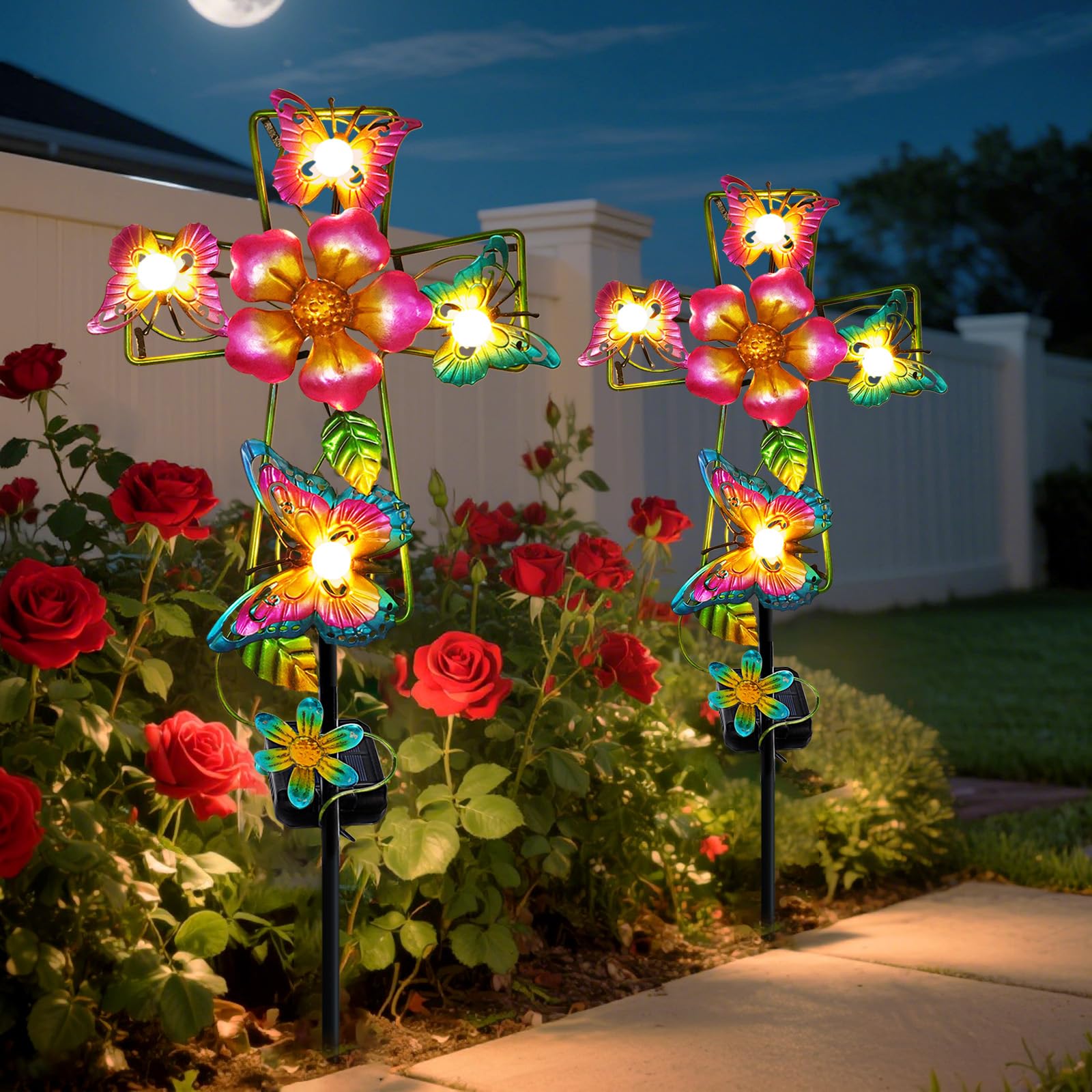 YJFWAL Solar Butterfly Cross Garden Stake Light, Metal, Warm White, Model Butterfly Cross-1, Cemetery Decoration