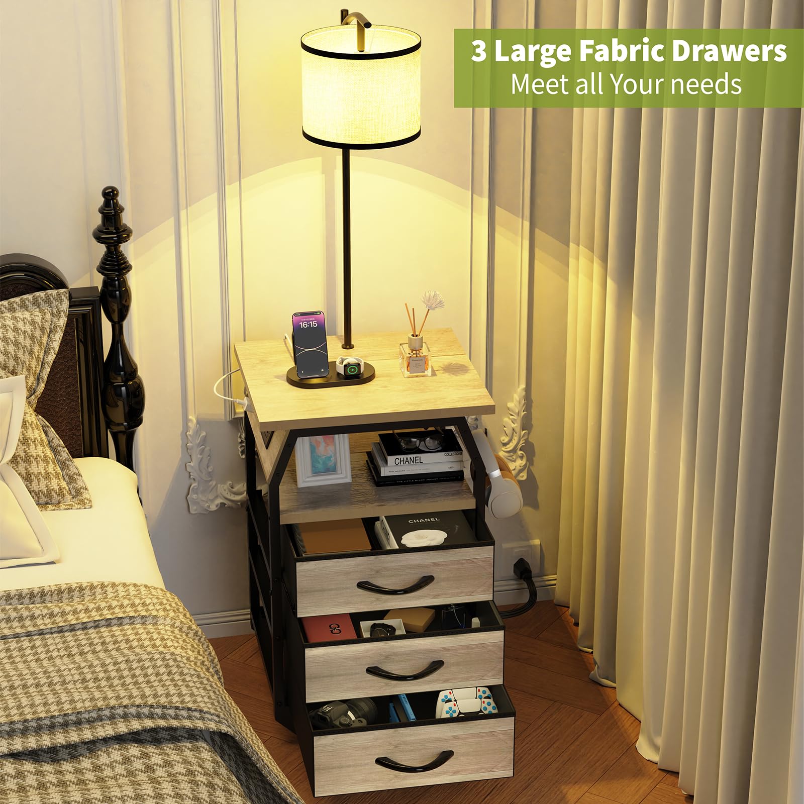 runjuly Floor Lamp & Table Set of 2 with 3-Color Temperature Bulb, Greige, Model AH0054-LG, Side Tables with Charging & Drawers