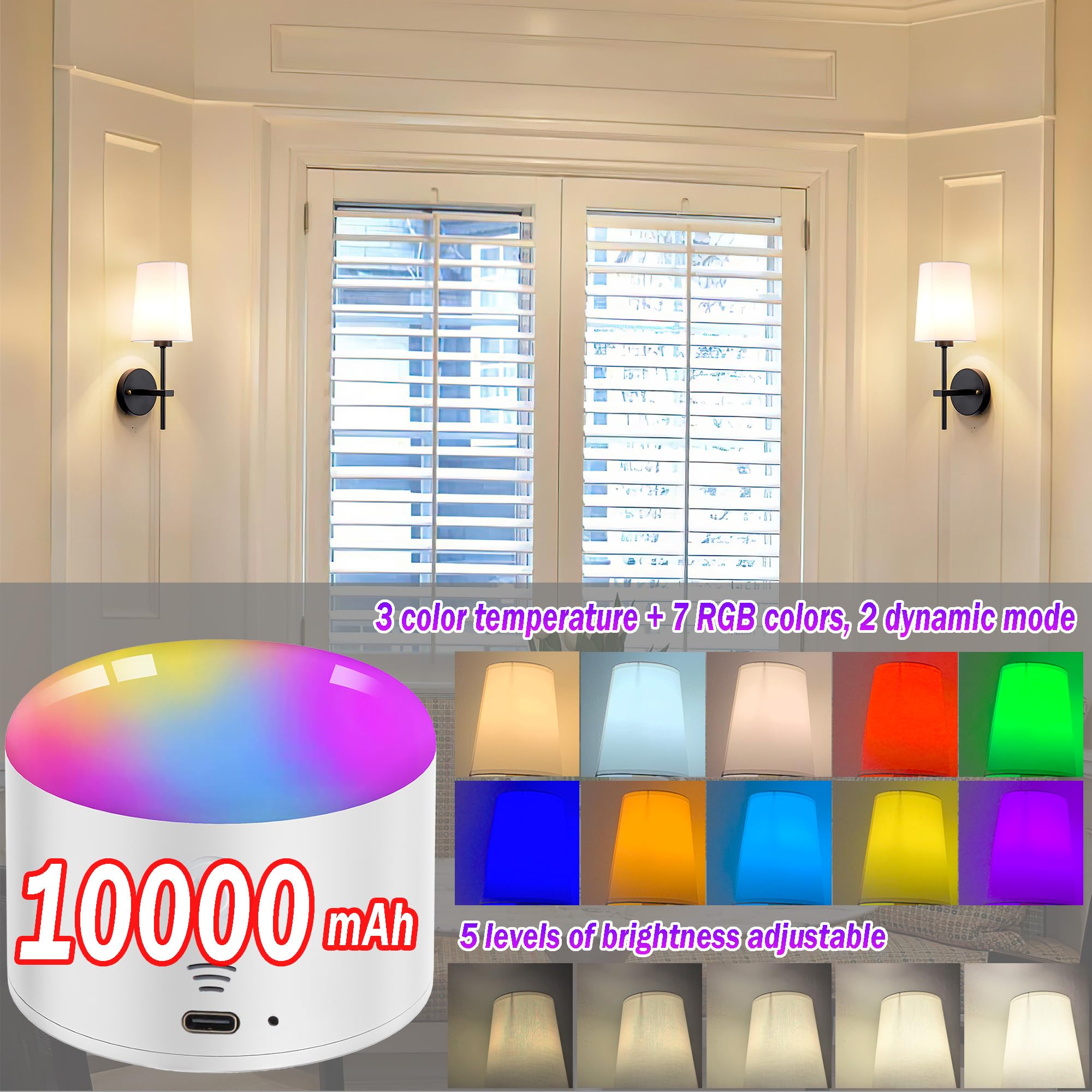 Battery Operated Wall Sconce Set Of 2, Wireless Dimmable Battery Powered Wall Lamp With Remote Control,Battery Wall Light With White Fabric Shade For Bedroom,Easy To Install,3 Color Temp Bulb Included