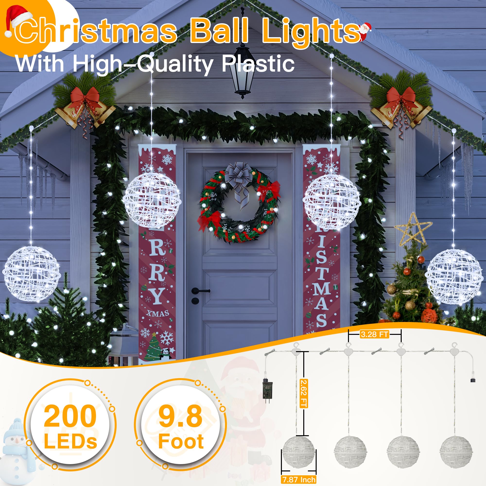 Ollny Christmas Lights Outdoor 4Pack 7.87Inch, Cool White 200 Led Ball Light With Plug In Remote, 8 Modes Ip67 Waterproof Connec