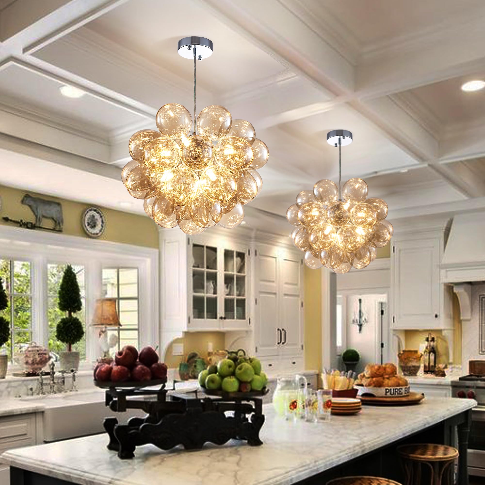 Longree Champagne Bubble Ball Chandelier, Dia 20 Inch Blown Glass Small Ballon Glass Pendant Light Fixture For Bedroom Study Bat