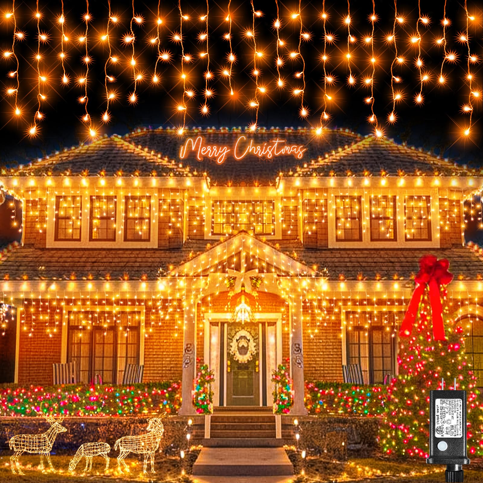 Xmasbokeh Icicle Lights For Outside, 33Ft 400 Led Christmas Lights With 8 Modes Waterproof, Plug In Connectable Curtain Hanging Lights For Outdoor Indoor House Roof Party Wedding, Orange