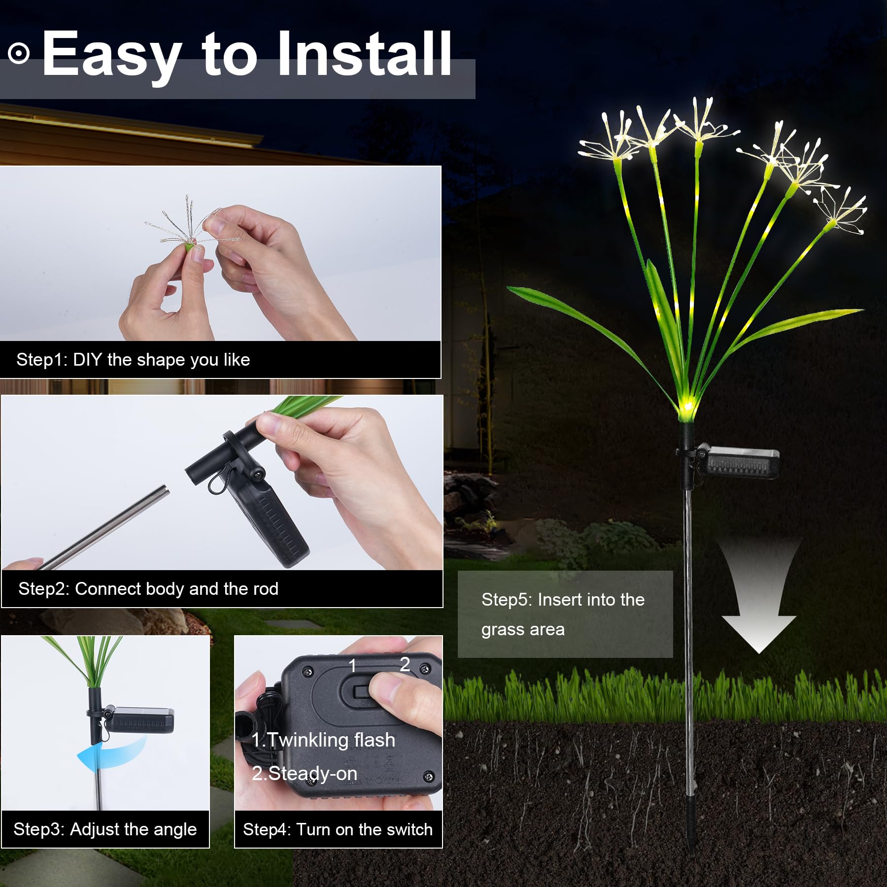 Putuzmic Solar Garden Lights - Warm White, Waterproof Firefly Lights, 4-Pack for Outdoor Patio & Yard Decoration, Model 250201-A