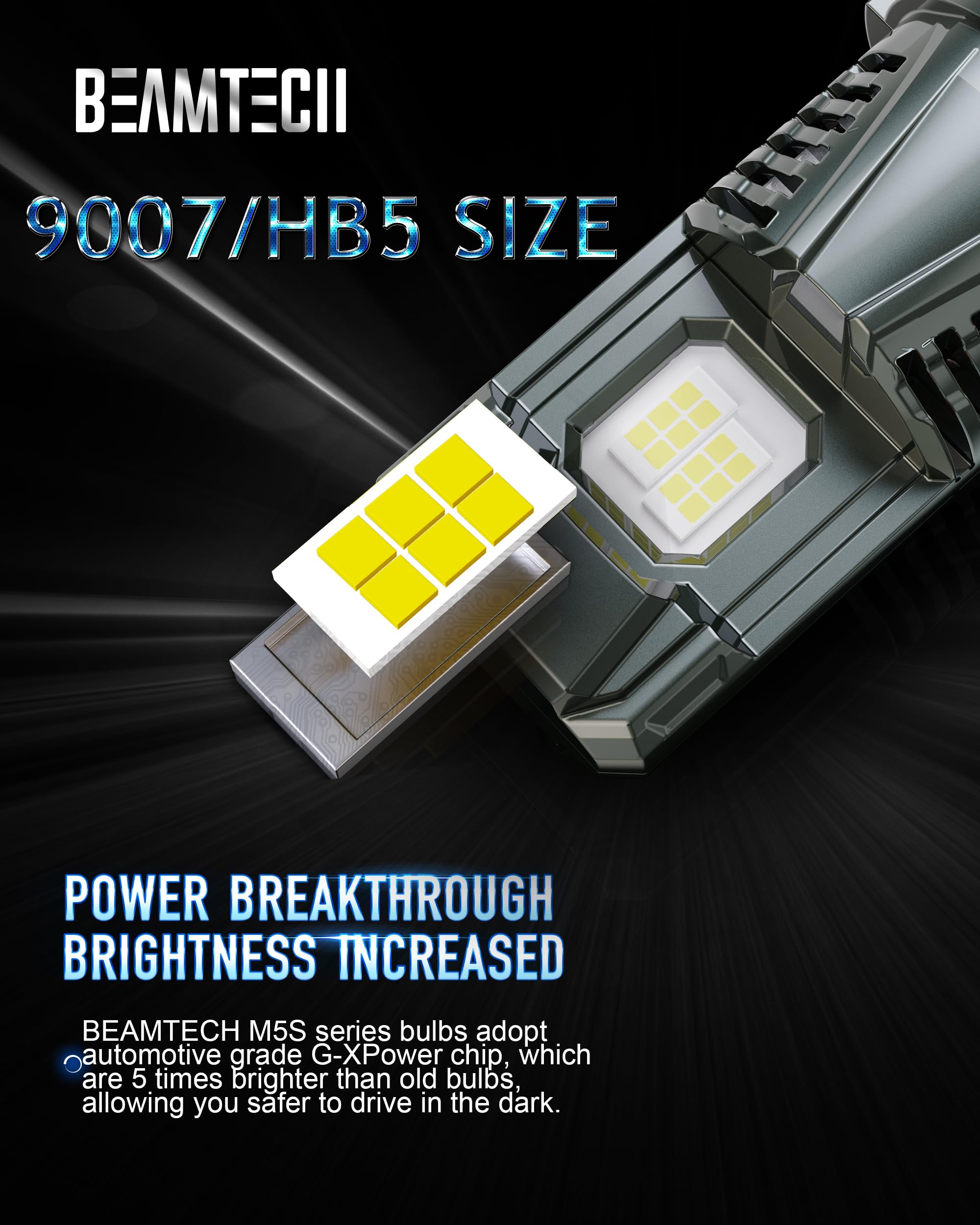 BEAMTECH 9007 Fog Light Bulbs, G-XPower Chips, 6500K Xenon White, Pack of 2