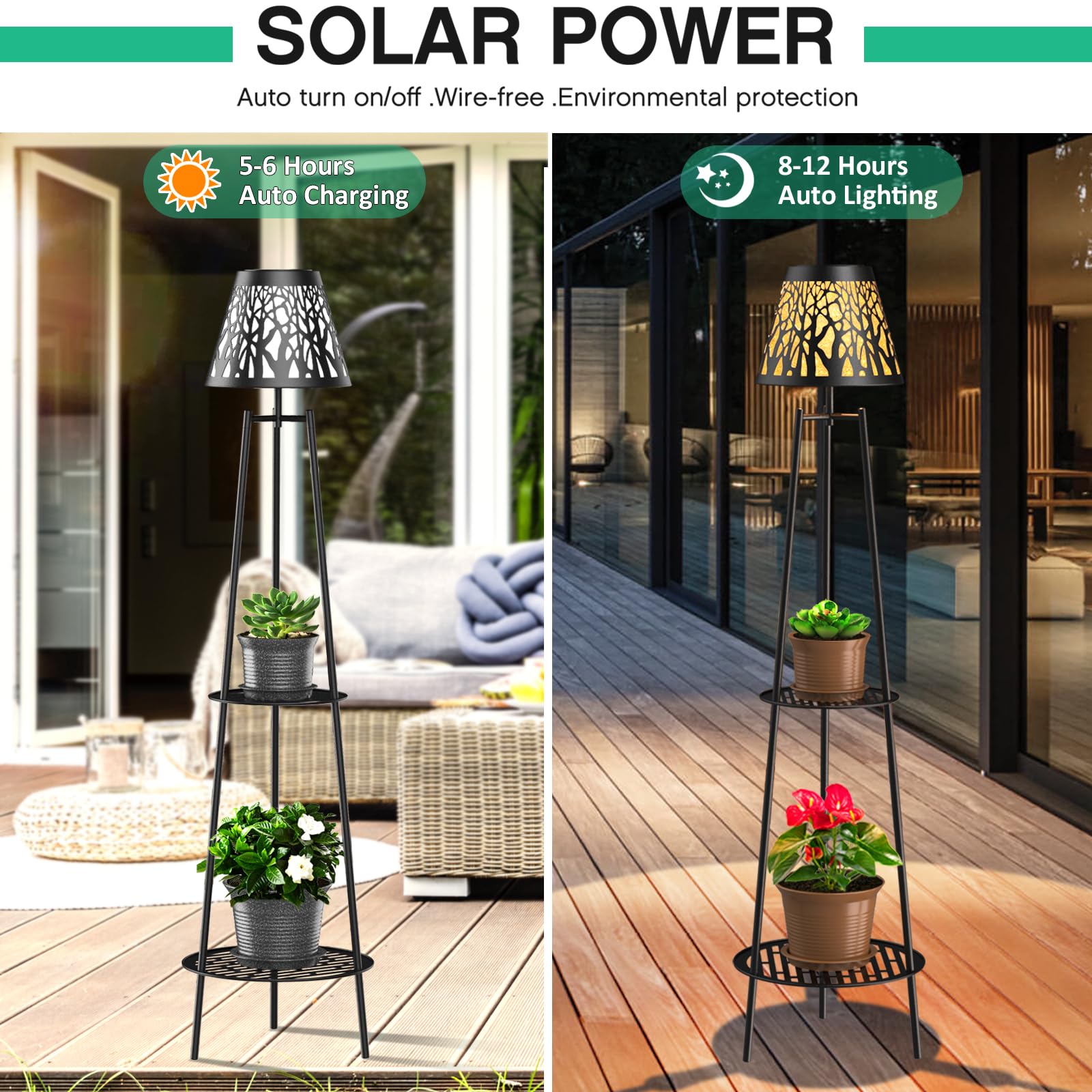 Candieslife 2 Pack Solar Garden Lights, 45.5in Metal Waterproof Floor Lamps, Black
