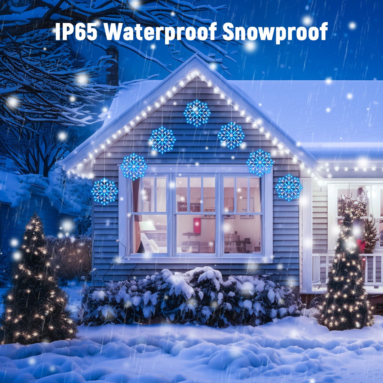 Brightown Christmas Snowflake Icicle Lights - 10.5ft 5 Drops, Blue & White, 240LED, 8 Modes, Outdoor/Indoor Decor