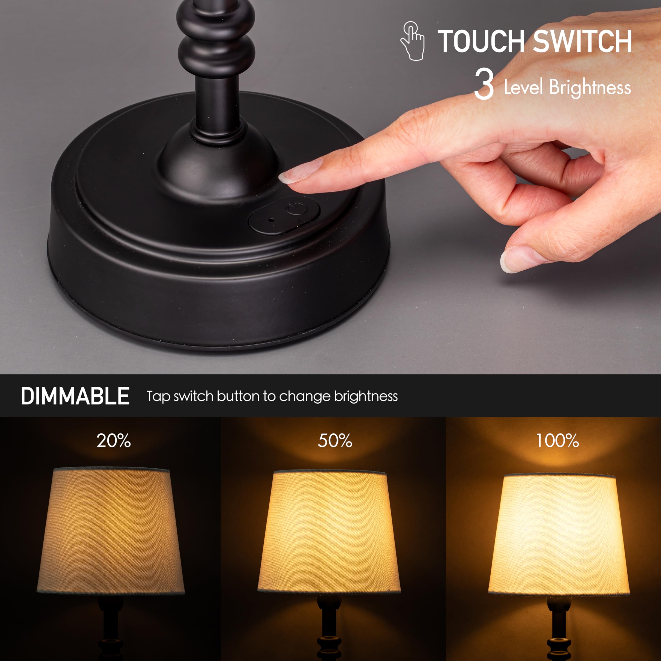 OBright Seraph Mini Cordless LED Table Lamp, 3-Level Brightness, Rechargeable, Black, Model OB-TL19BS