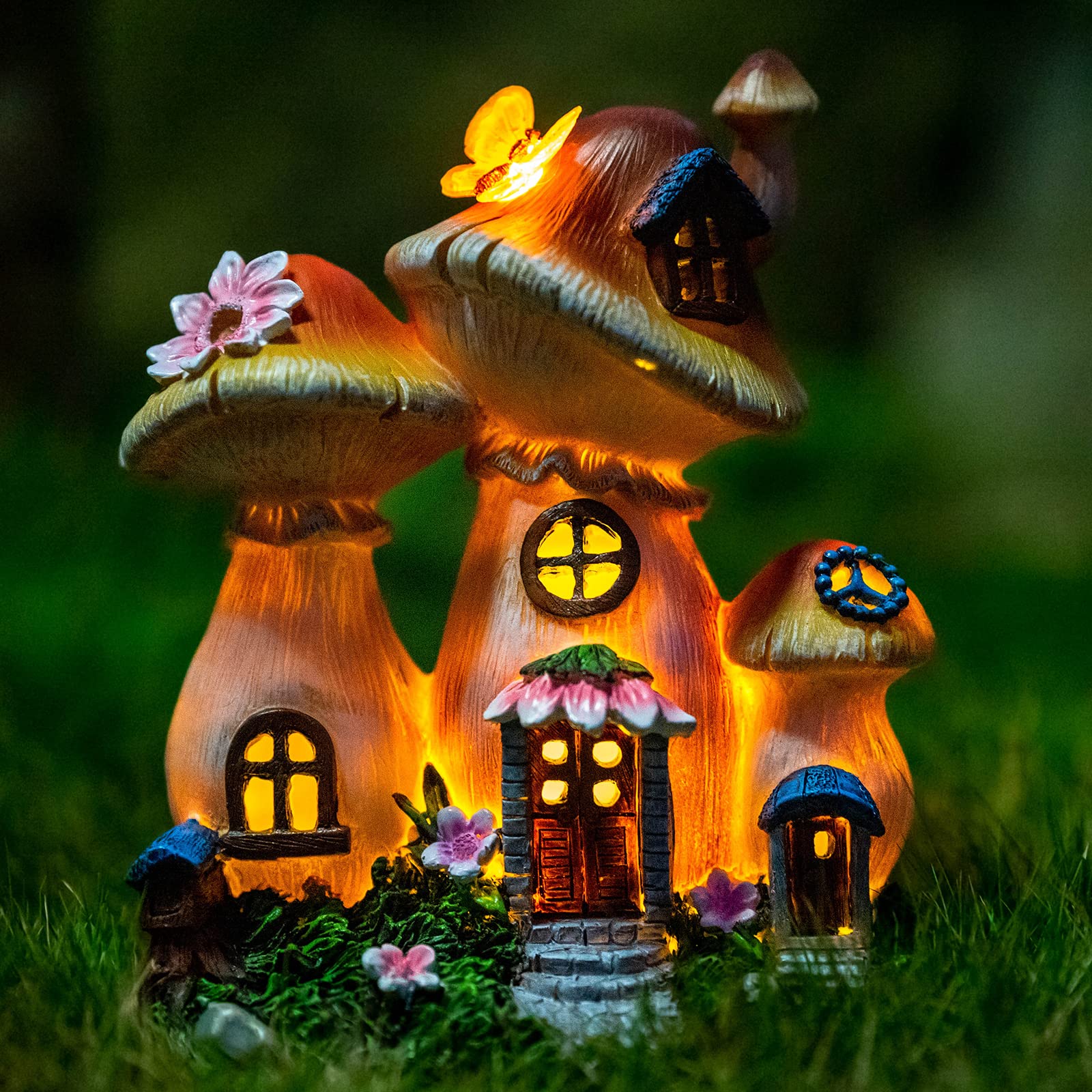 Candieslife Solar Garden Statue Lights Mushroom Fairy House Figurine, Outdoor Memorial Garden Ornaments Waterproof Decoration fo