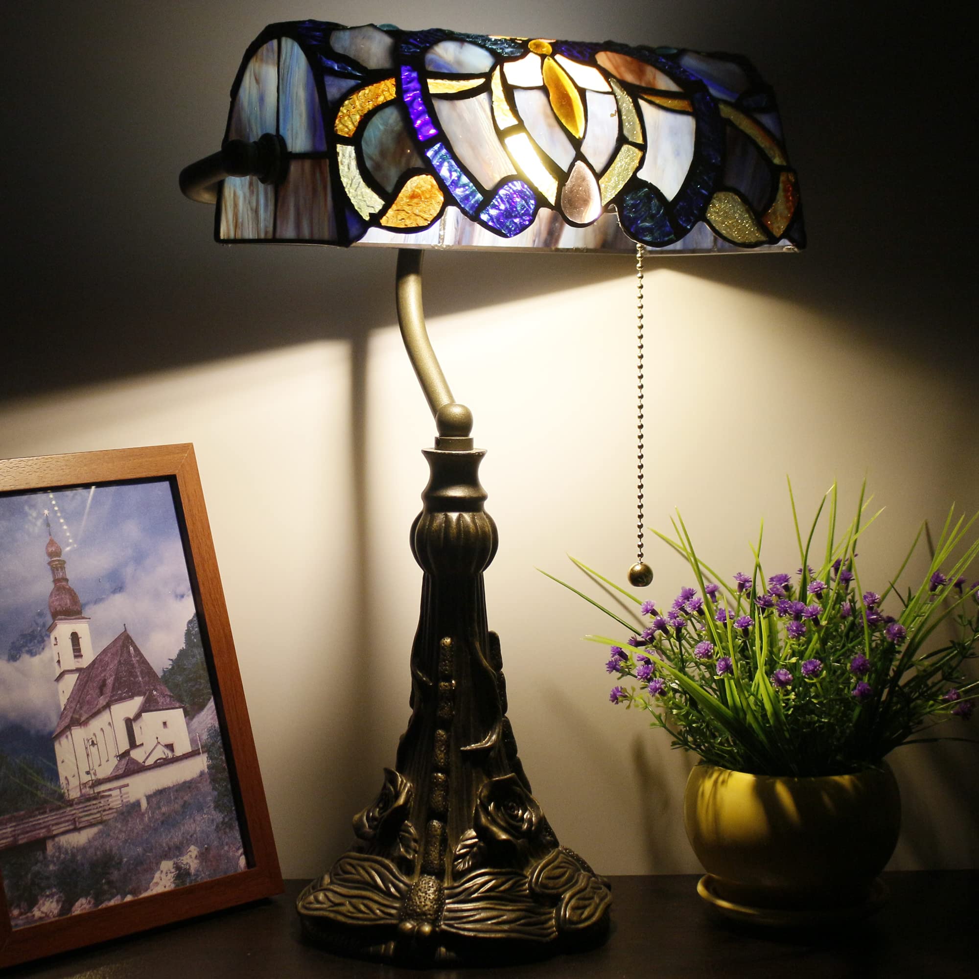 Tiffany Banker Lamp Small Stained Glass Table Lamp Tiffany Style Piano Light Green Wisteria Leaf Style Desk Lamp Angle Adjustabl