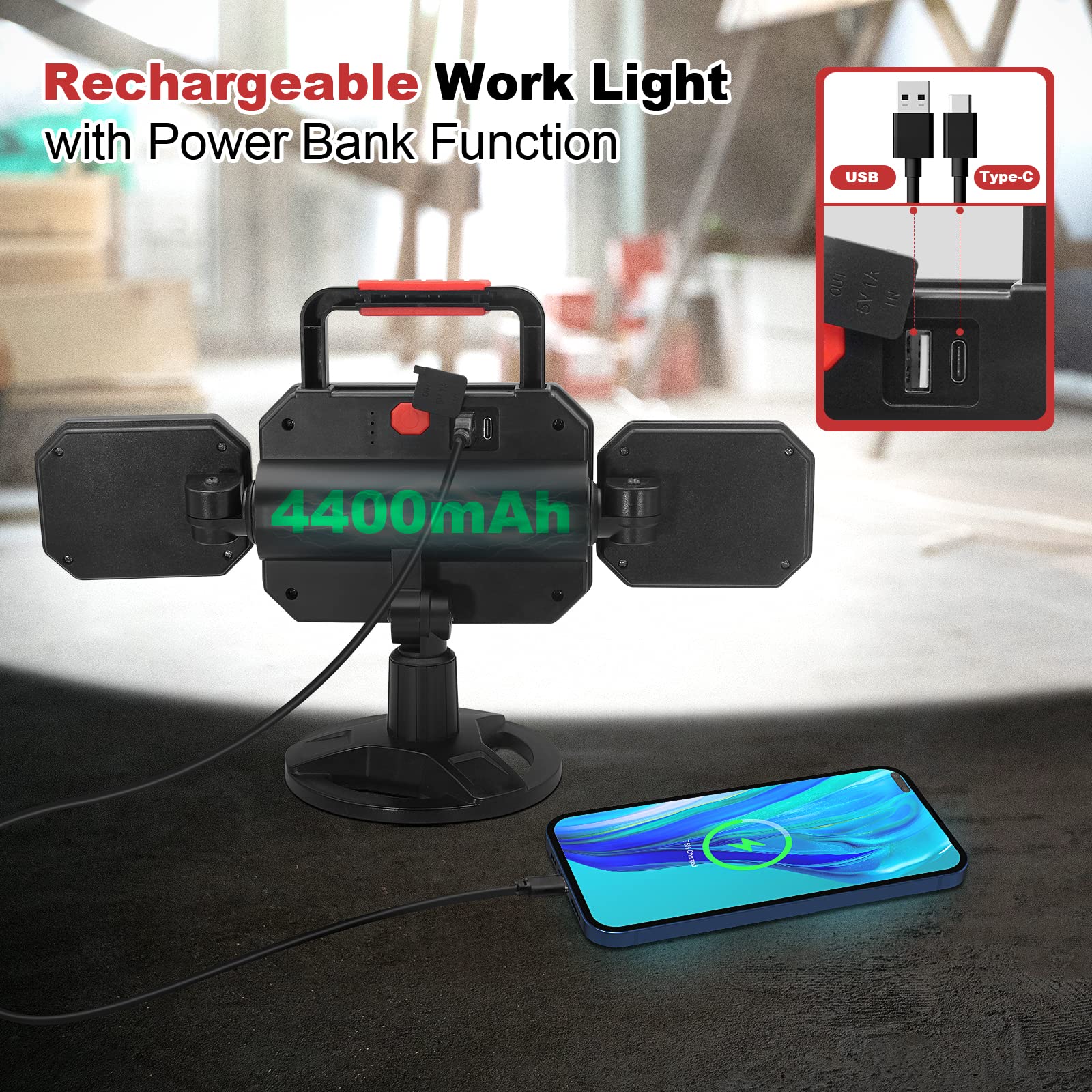 Sylstar Rechargeable Work Light, 25W 2700Lm Cob Led Magnetic Work Light With Battery, Rotatable Portable Waterproof Cordless Job