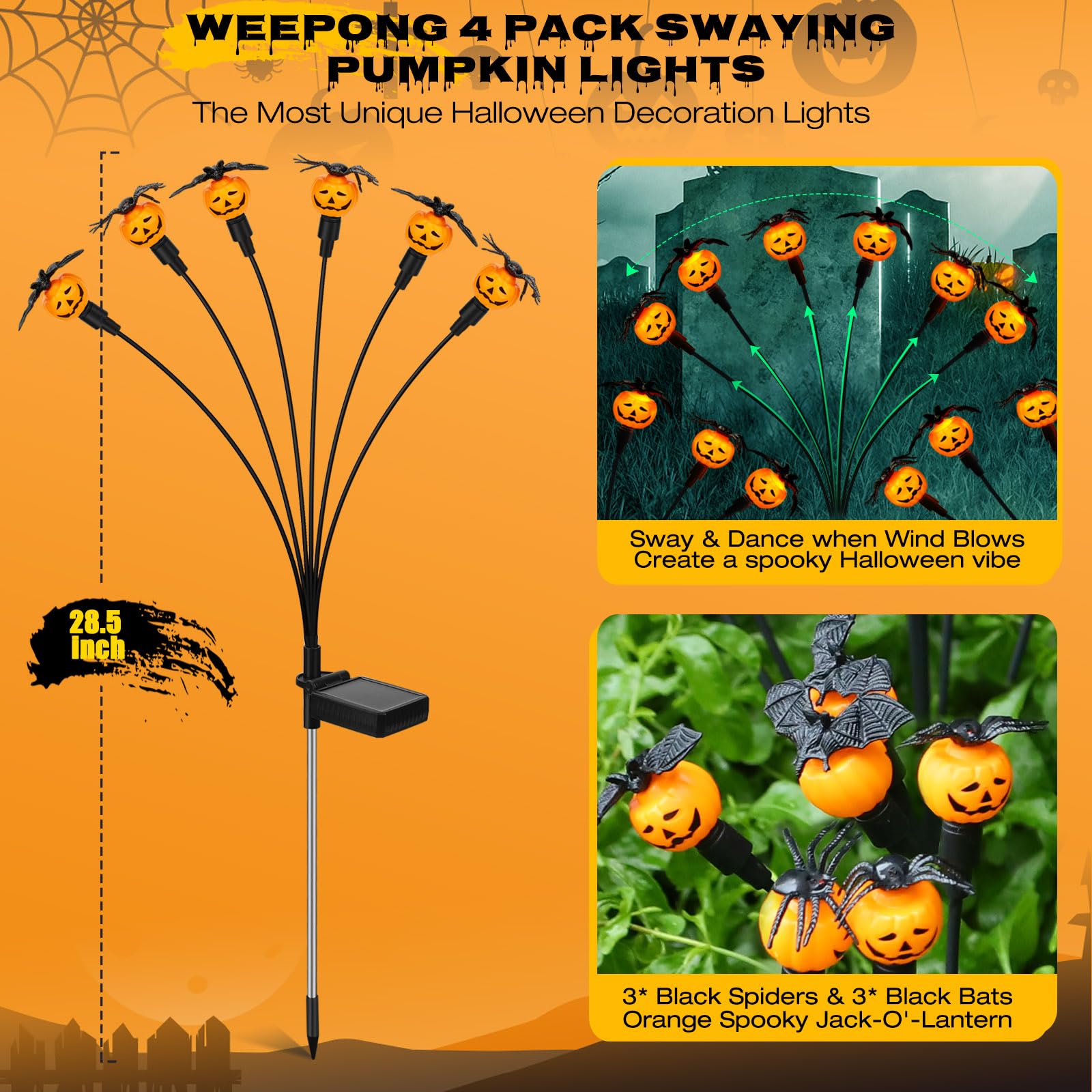 Weepong Halloween Decorations Outdoor - 4 Pack Solar Lights, 24 LED Pumpkin Lights with Spider & Bats, Orange, Model WEP-SPL-4PC