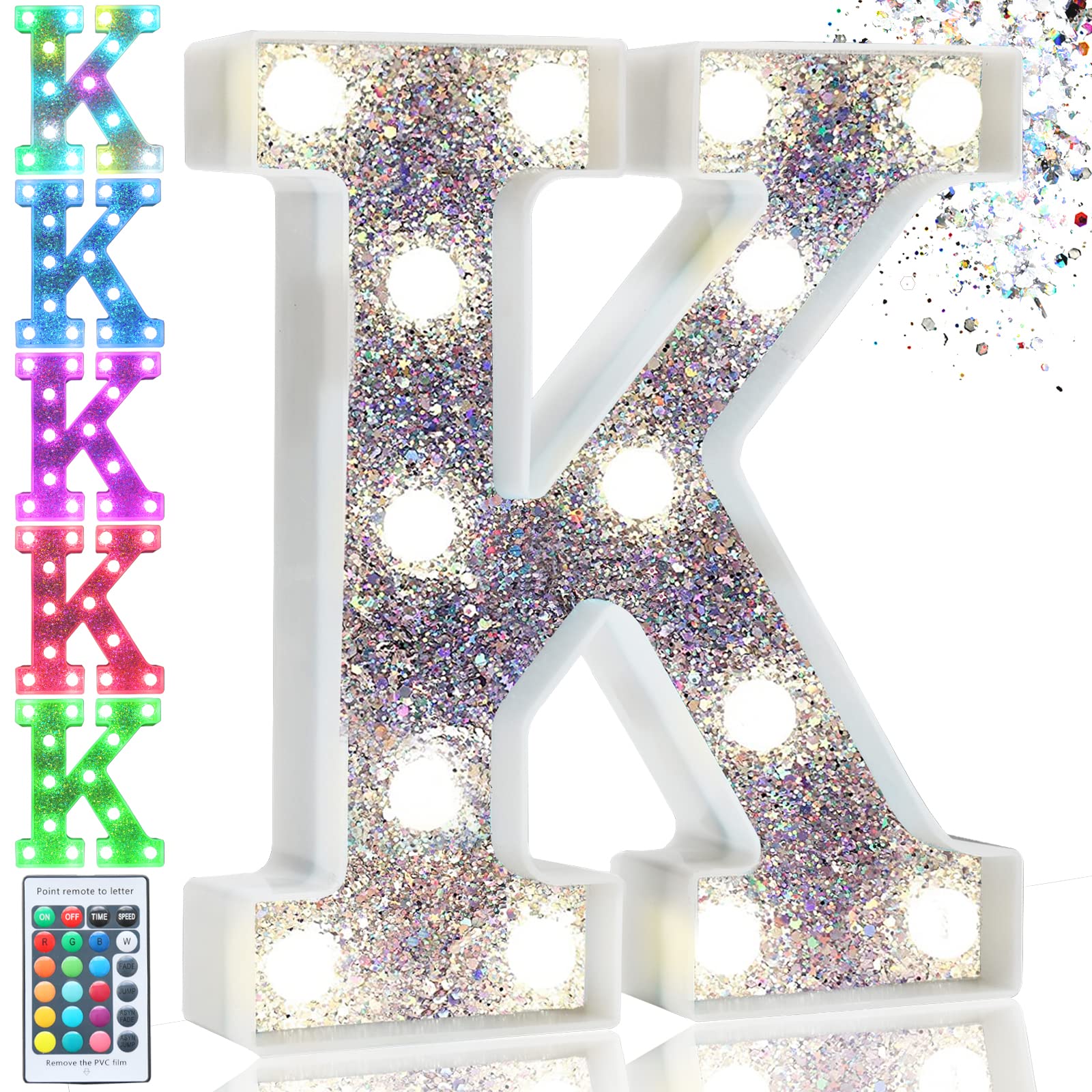 Pooqla LED Marquee Letter Lights, Colorful Battery Operated Sign, 16 Colors, Model S-RGB Silver, Letter K