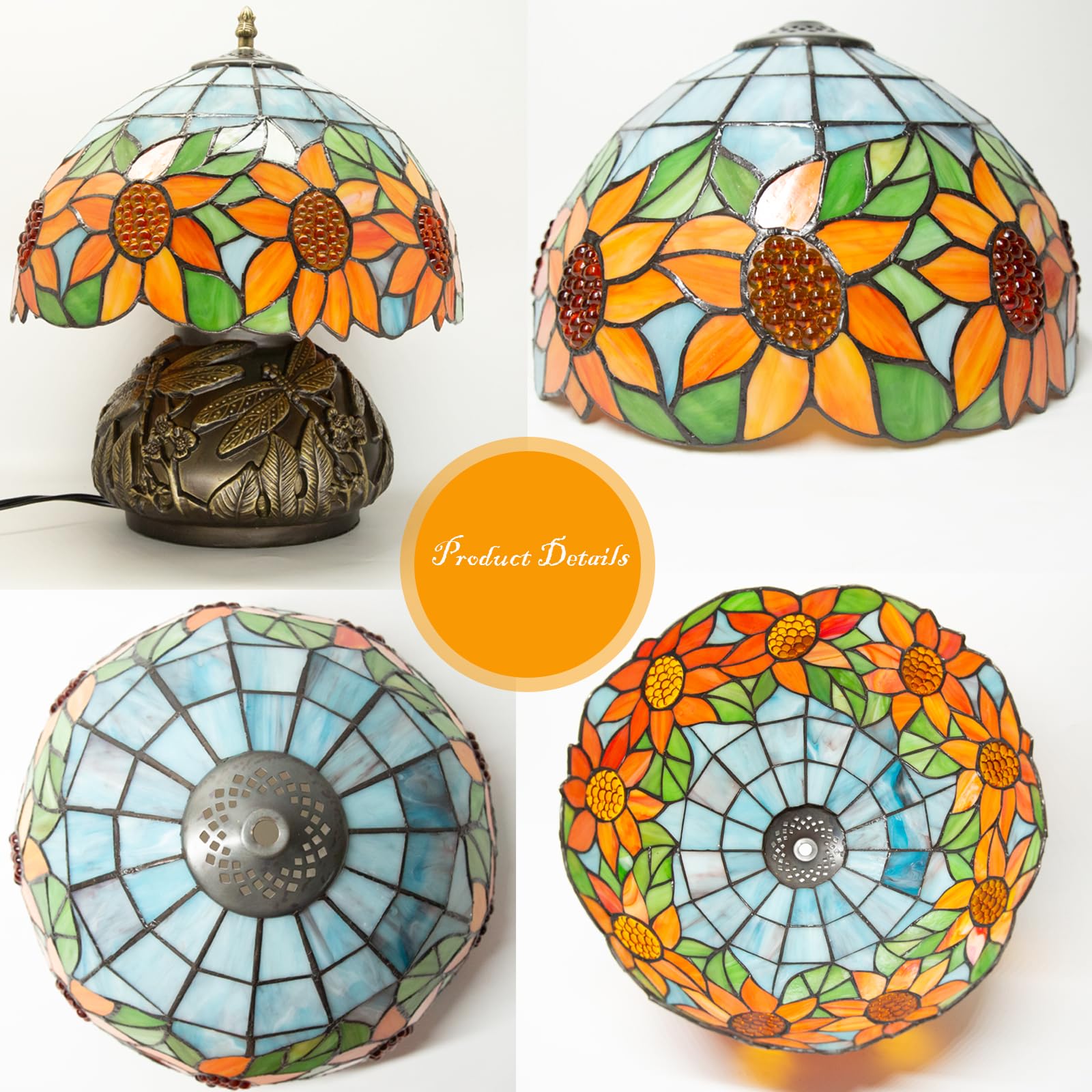 Ppbmocw Tiffany Style Table Lamp, Sunflower Stained Glass Lamp, 12 Inch Small Antique Bedside Lamp, For Bedroom Living Room Home