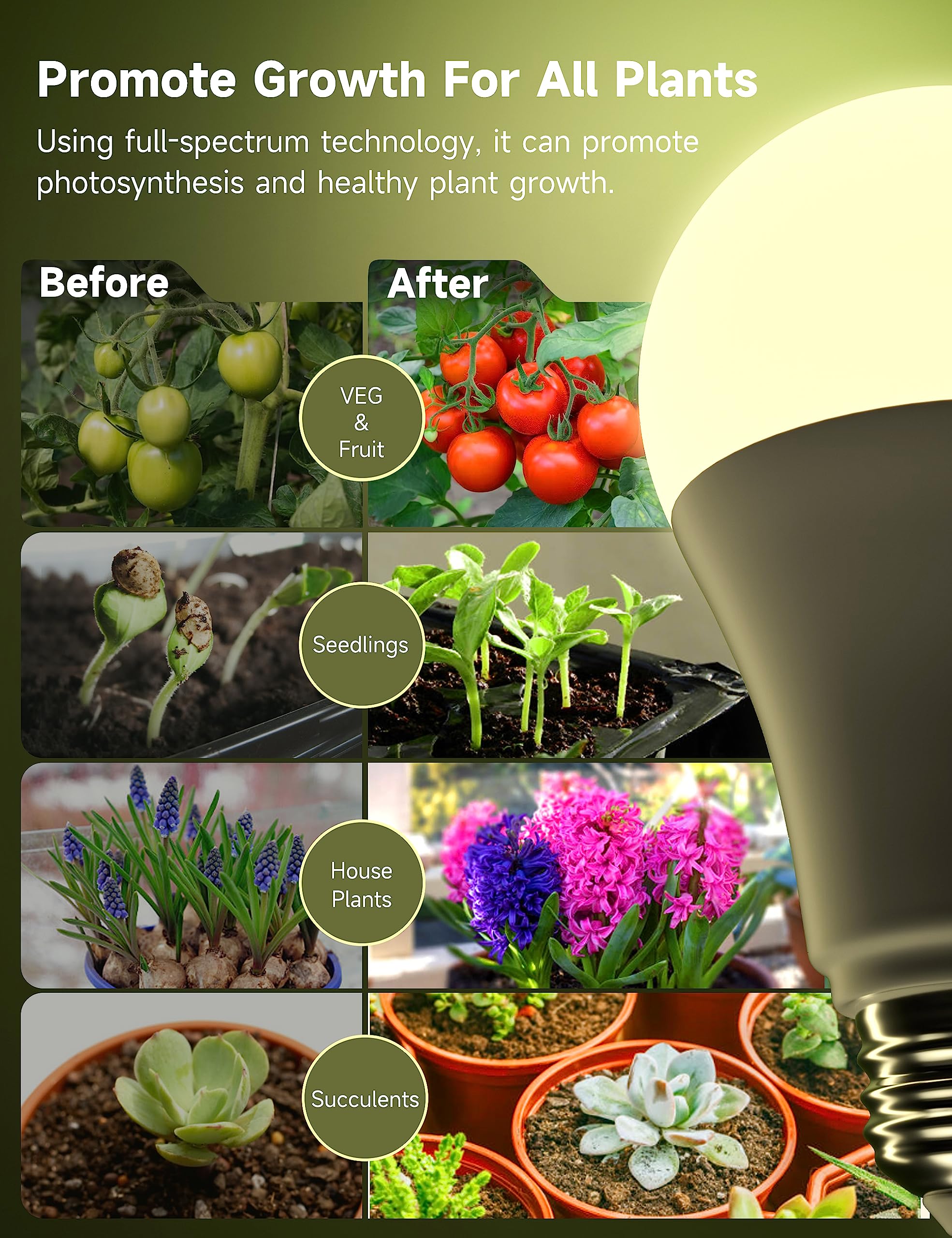 Unilampro Grow Light Bulbs, A19 Grow Light Bulb, Full Spectrum Light Bulb, Plant Light Bulbs E26 Base, 9W Plant Grow Light Bulbs 100W Equivalent, Grow Light For Indoor Plants, Seeds, Flowers, 3 Pack